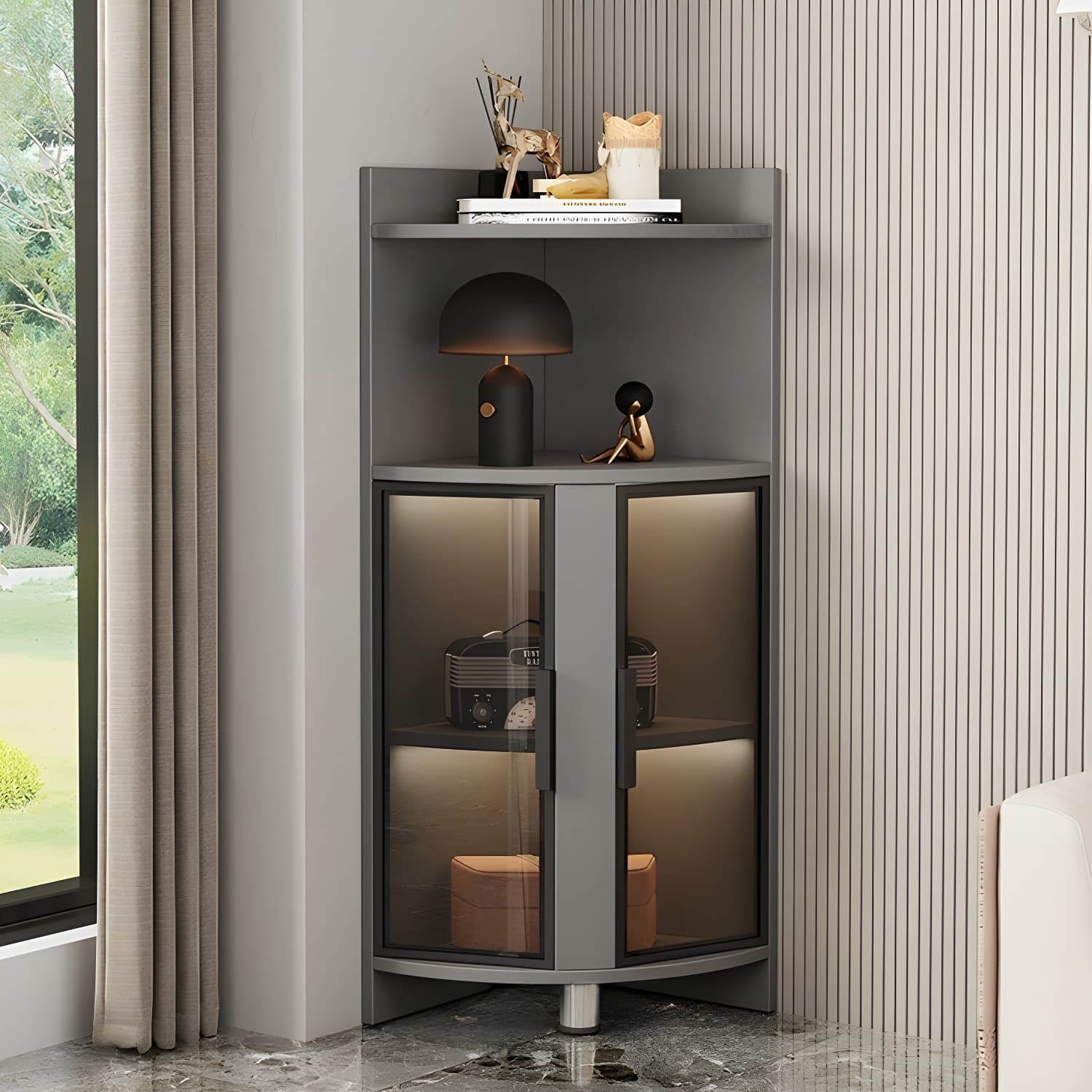 Modern Corner Accent Cabinet with Glass Doors and 2 Interior Shelves