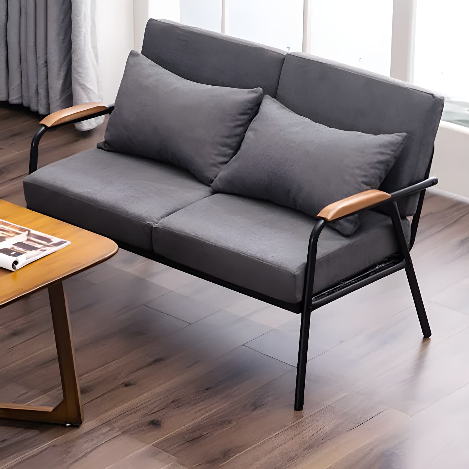 Black Industrial Linen Sofa with Bolster Pillows 29.53"High Square Arm Sofa - image 14