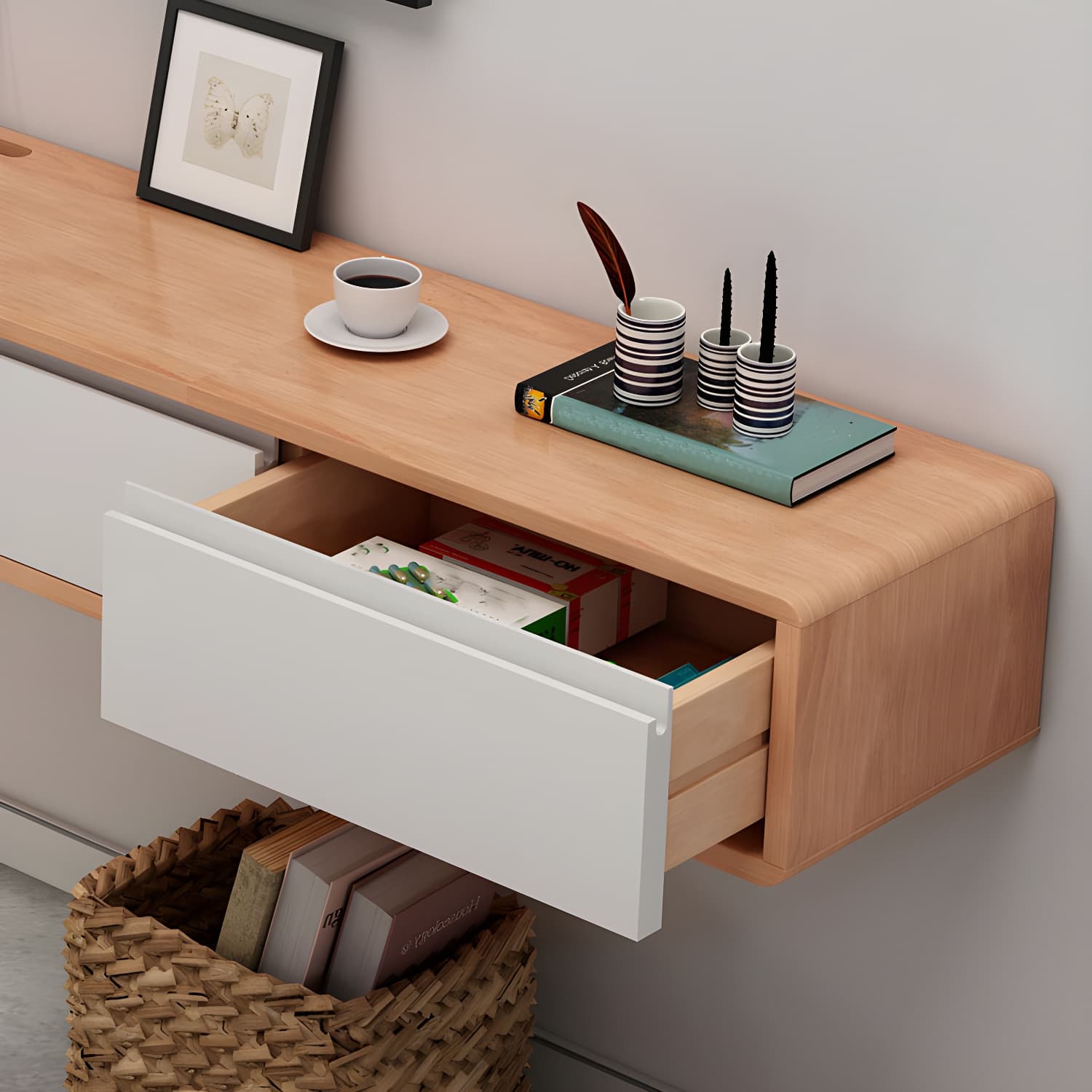 Nordic Wall-Mounted TV Console Solid Wood 2-Drawer Floating TV Stand Console - image 11