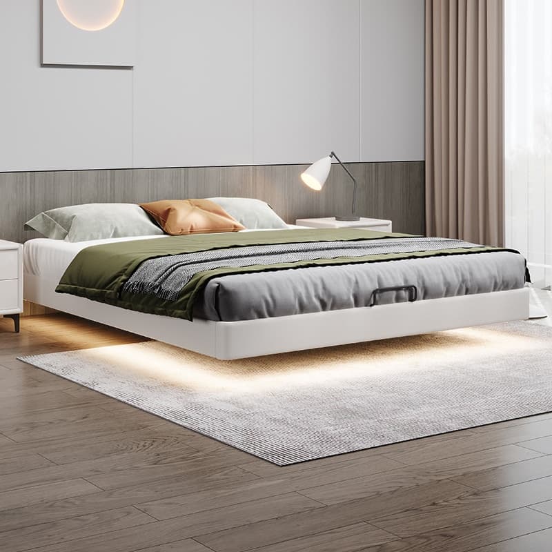 White Contemporary Solid Color Floating Bed with Lighted Headboard