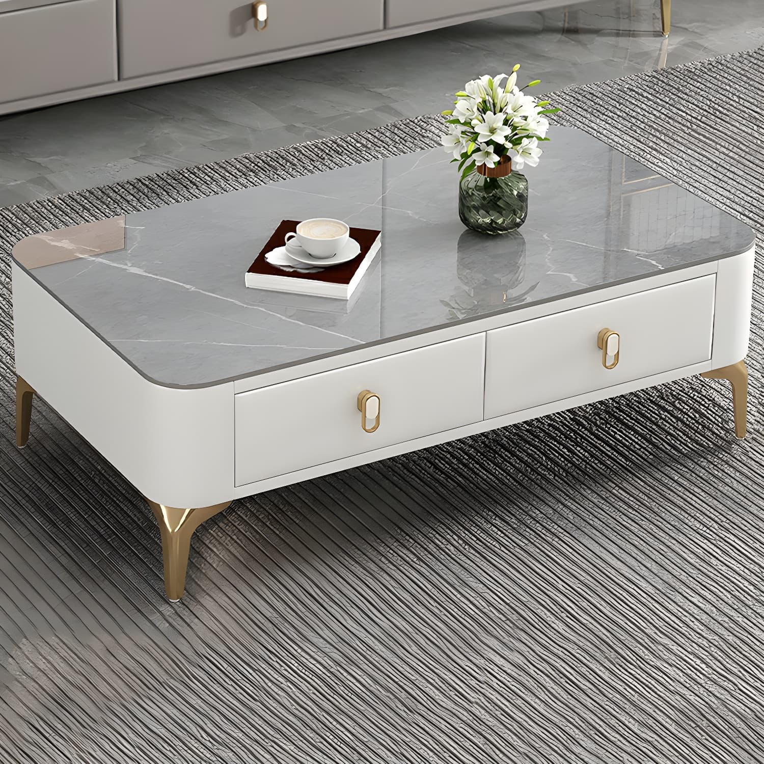 Modern Gold Metal Coffee Table with Stone Top and Built-In Storage Drawers