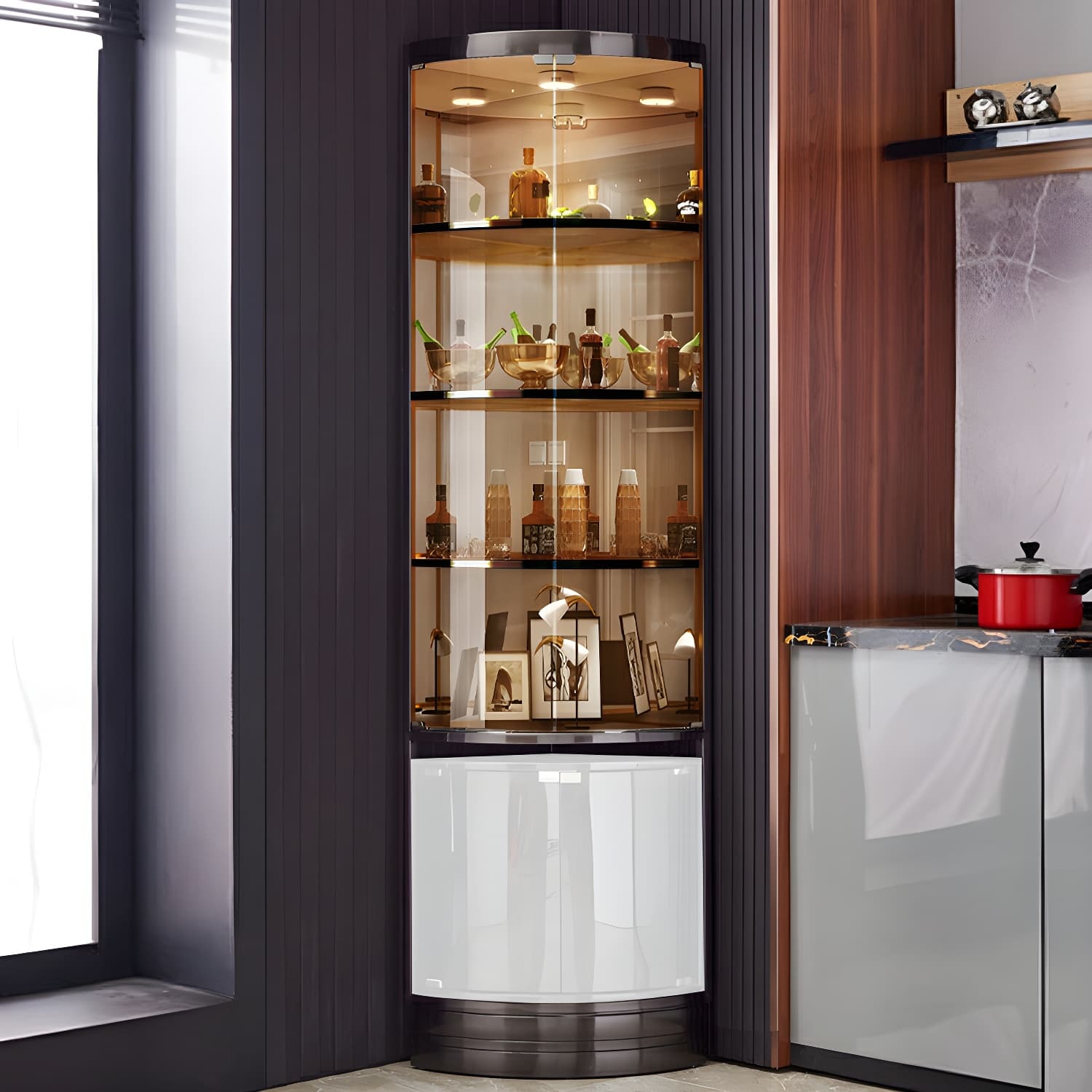 Glam Metal Corner Glass Paned Knobs Accent Cabinet with Shelves - image 4