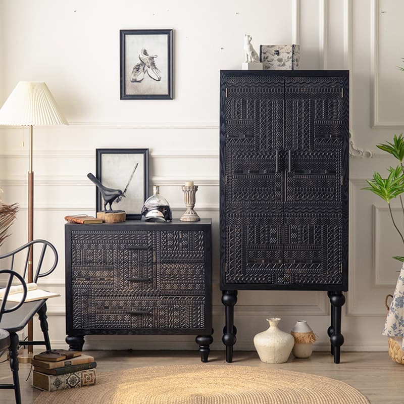 Modern Black Wood Console Cabinet with Cubby Storage and Wood Scoring & Rub Through Detailings - image 4