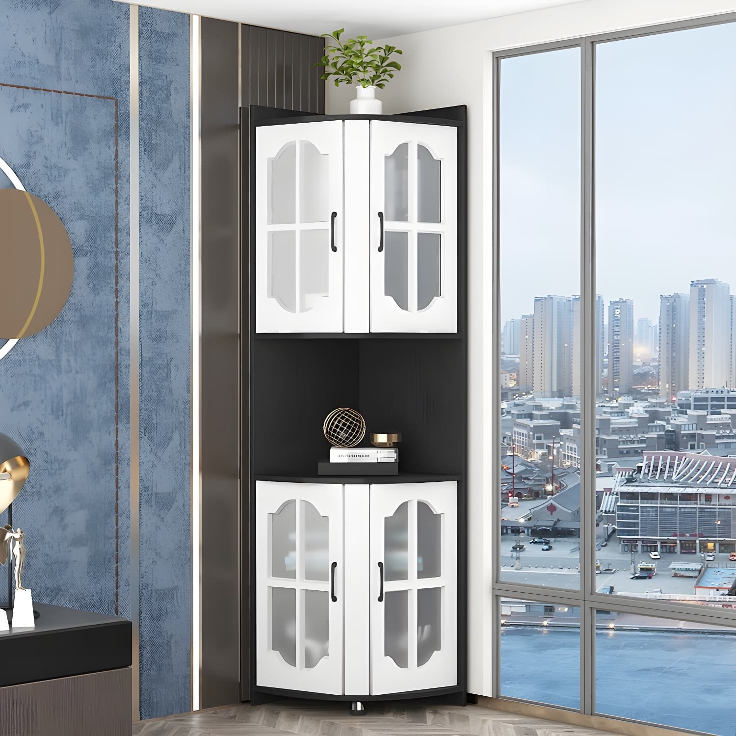 Corner Modern Glass Door Accent Cabinet with Wood Base and 2 Exterior Shelves