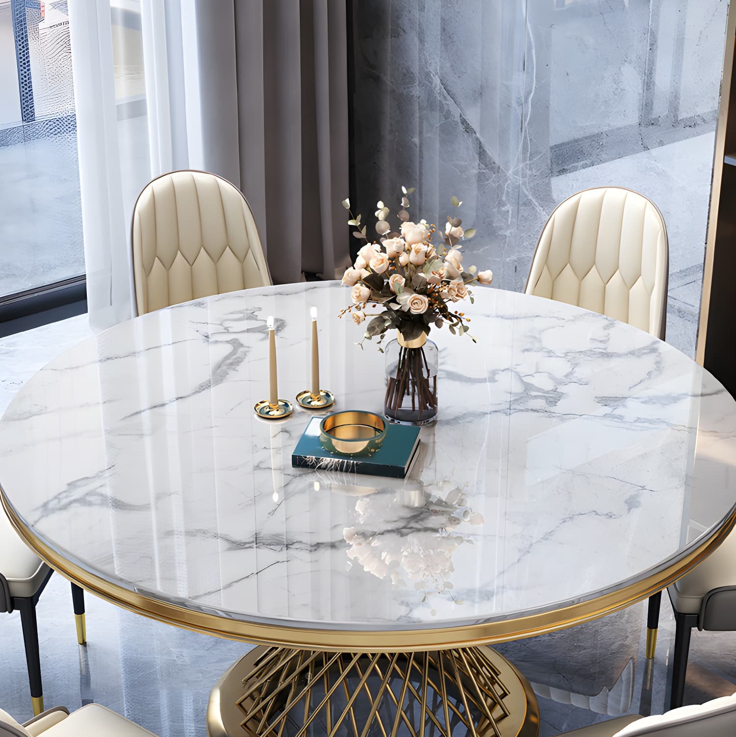 Glam Round Marble Dining Set with Gold Metal Pedestal Base - Fixed Table in White - image 6