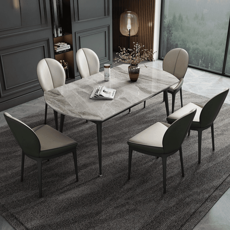 Dining Table Set with Rounded Shape, Slate Stone Table Top, Fixed Table Mechanism, Padded Chair with Back, and Light Gray Table Top