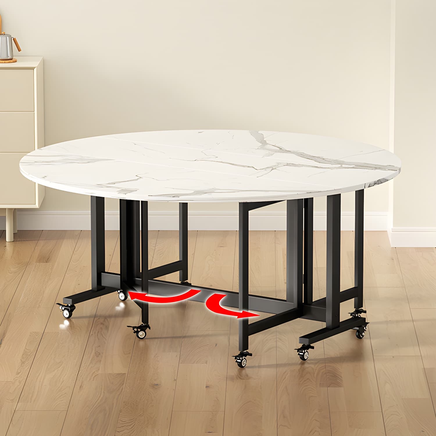 Modern Round Wood Dining Set with Collapsible Table and Leaf Extension - Metal Trestle Base in Black - image 5