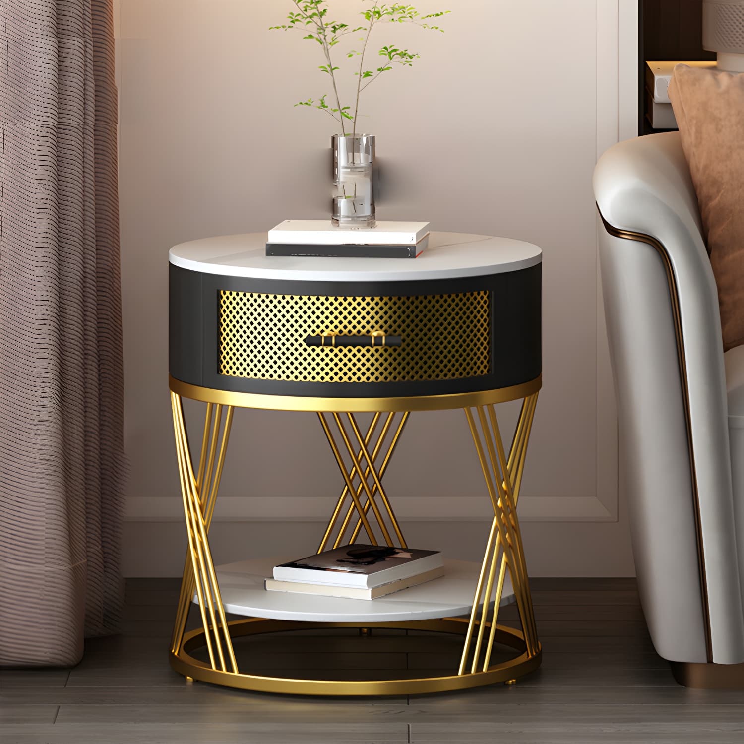 Glam Stone Top Night Table Open Storage 1-Drawer Metal Legs Included Nightstand - image 13