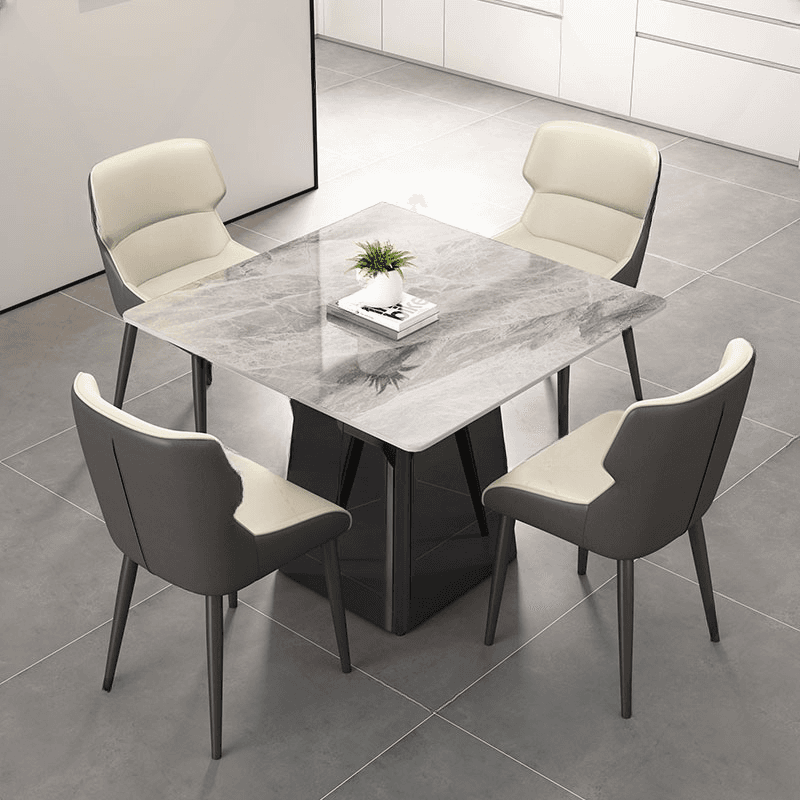 Square Dining Table Set with Stump Base, Enclosed Back, Fixed Table, Padded Chair, 5-piece