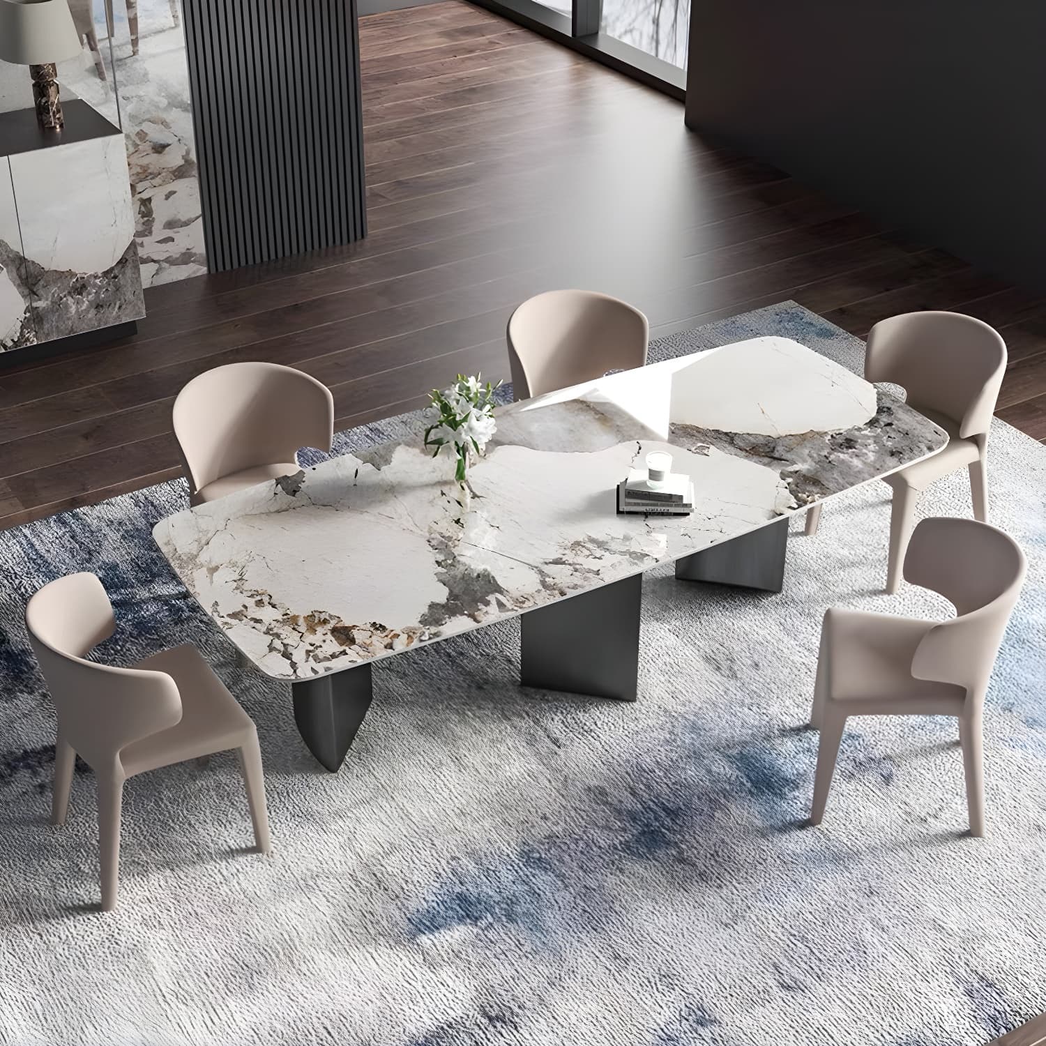 Rectangle Dining Table Sintered Stone Top Modern White Table with Black Legs