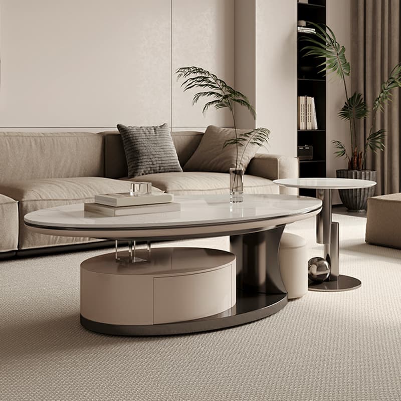 Luxurious Oval Stone Cocktail Table in White with Storage Drawer - image 6