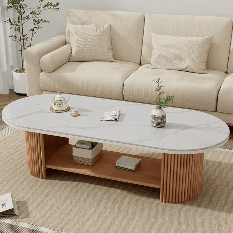 Oval Natural Wood Coffee Table with Twin Support Base, Repository, and 1 Shelf