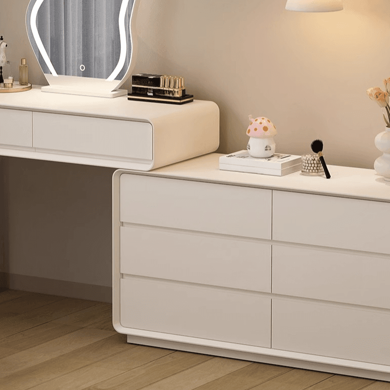 Simplistic Large Vanity Set with Lumber Table Top, White Seat, 8 Drawers, and Mirror Lights - image 6