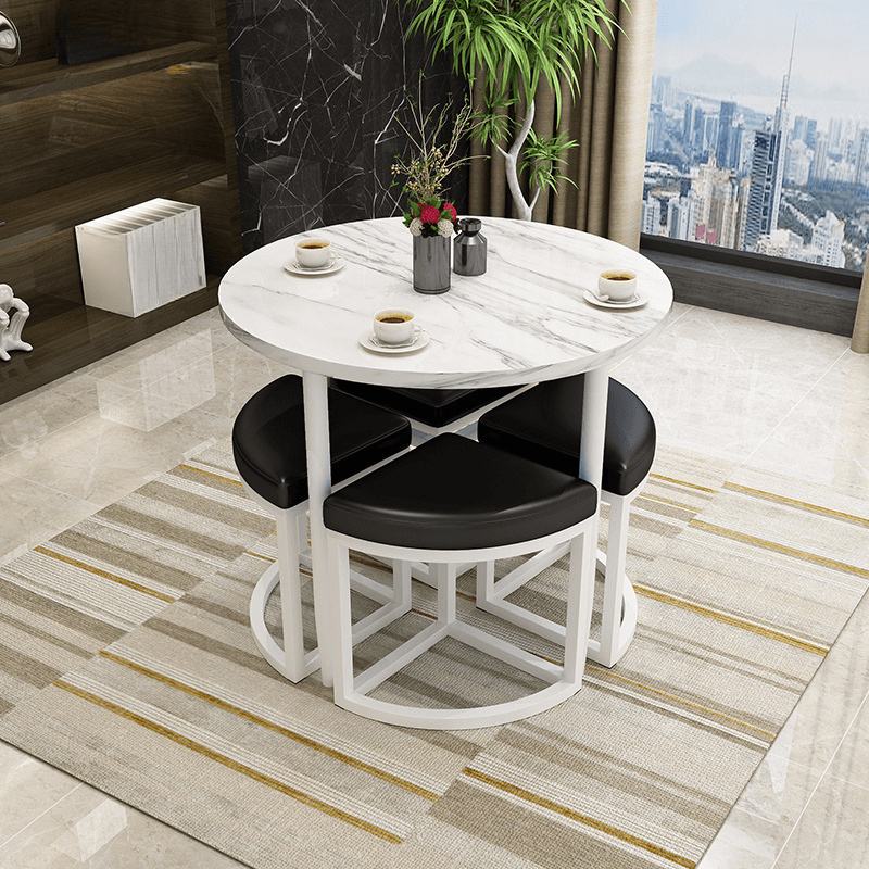 Reclaimed Wood Round Dining Table Set with Metal Toboggan Base and Upholstered Backless Chairs for 4 People - image 13