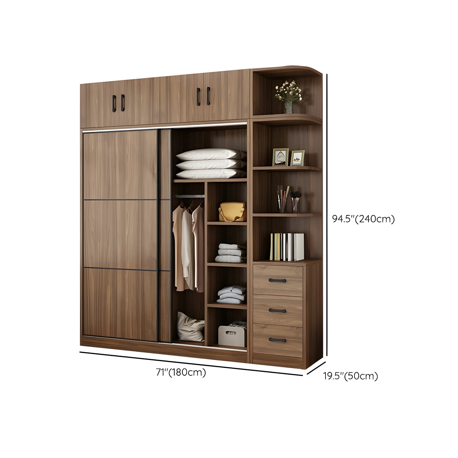 Non-Adjustable Traditional Brown Wood Wardrobe Armoire with Sliding Doors & Soft Close Drawers - image 29