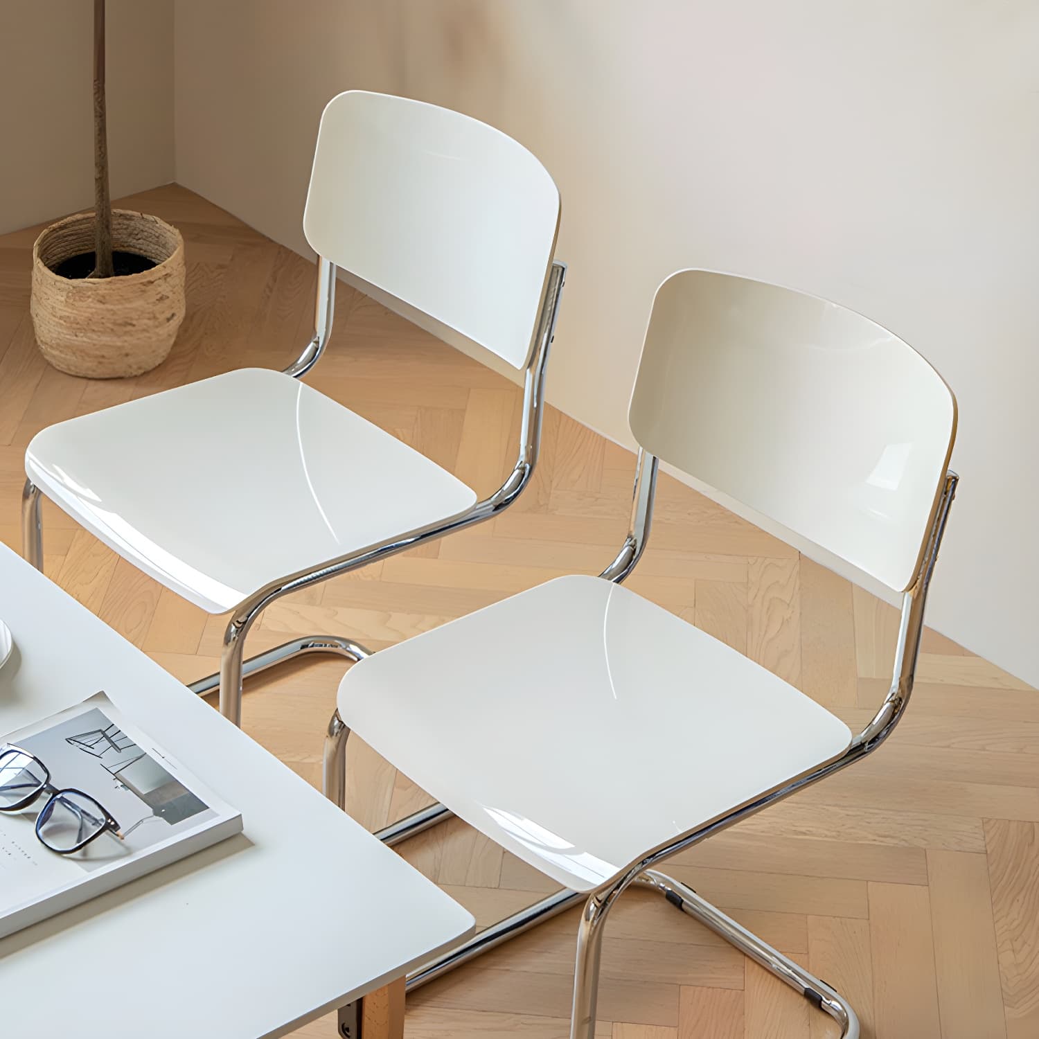 Scandinavian Open Back Side Chair with Silver Metal Legs in Plastic & Acrylic for Kitchen & Dining - image 13