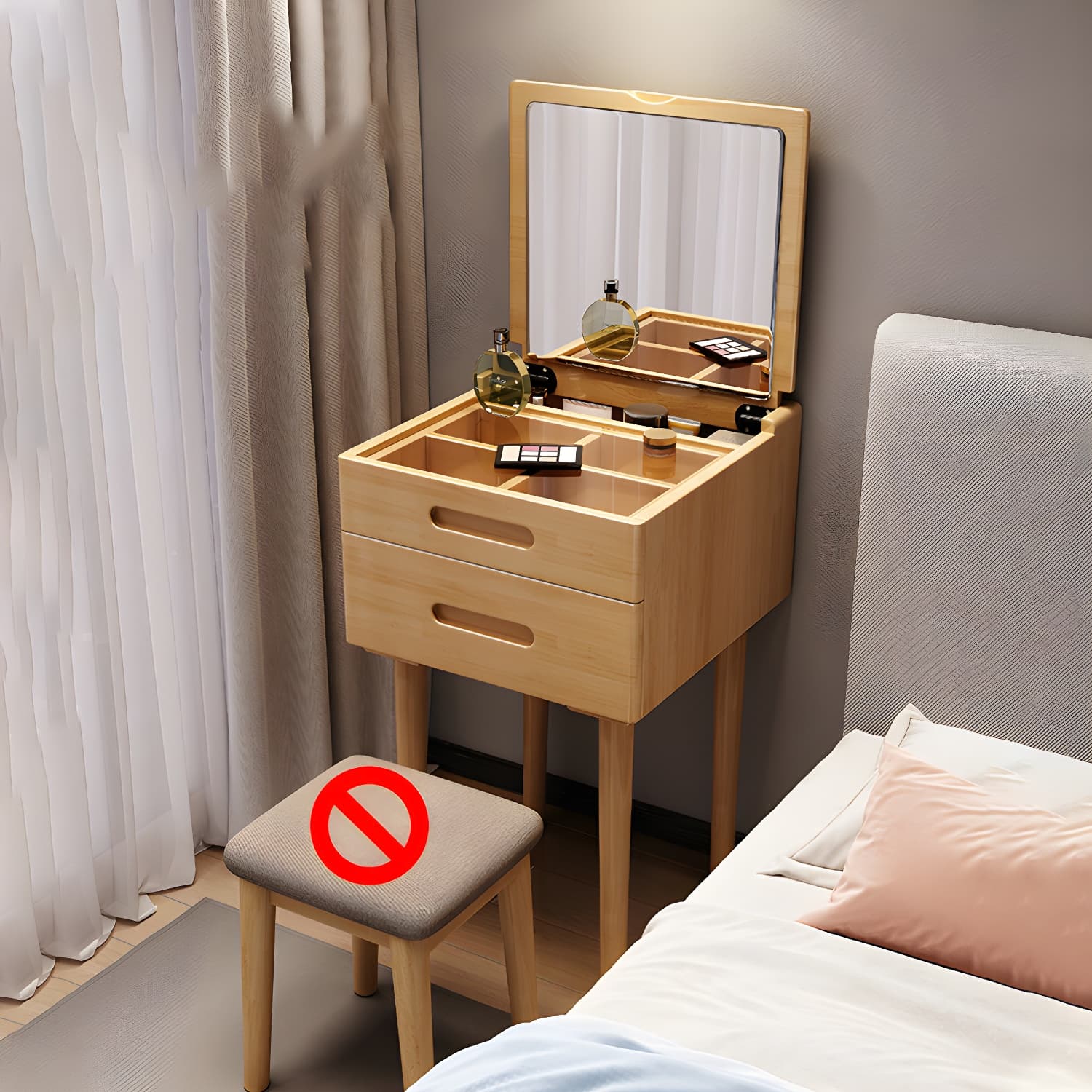 Solid Wood Flip-top Vanity Set Mirrored Vanity Desk Stool Set - image 11