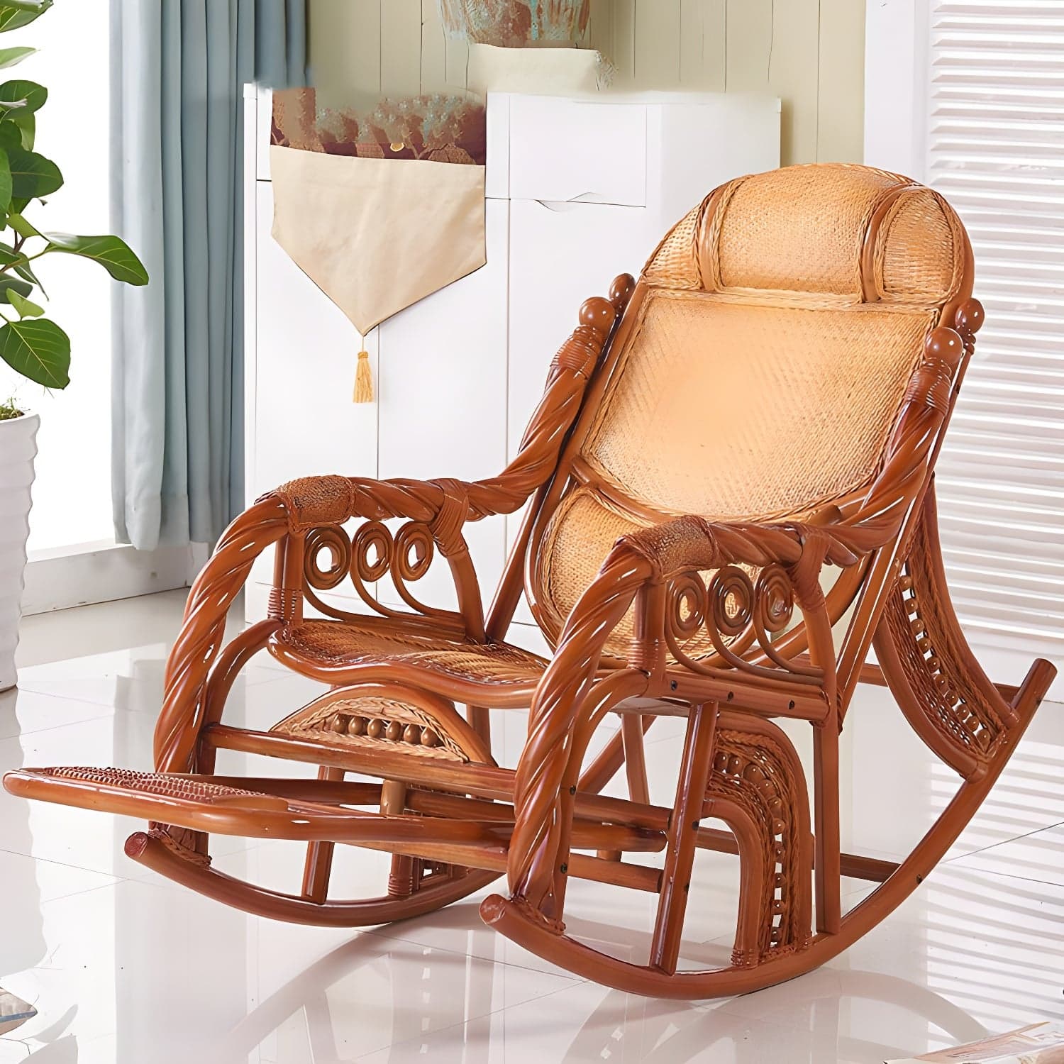 Traditional Rocking Chair Rattan Solid Color Spindle Backrest Indoor Rocking Chair - image 4