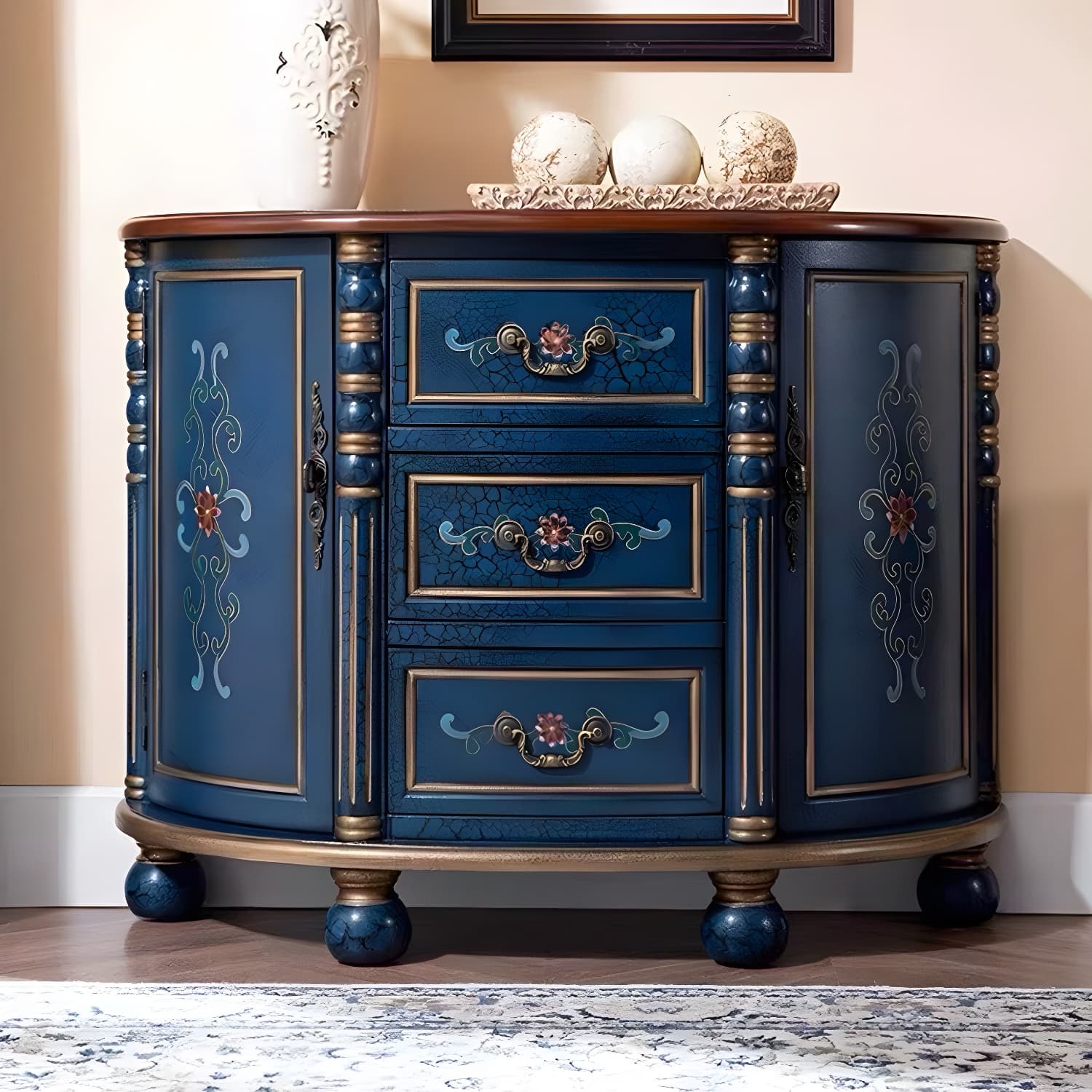 Industrial Bombe Accent Cabinet with Drawers and 2 Doors in Solid Wood