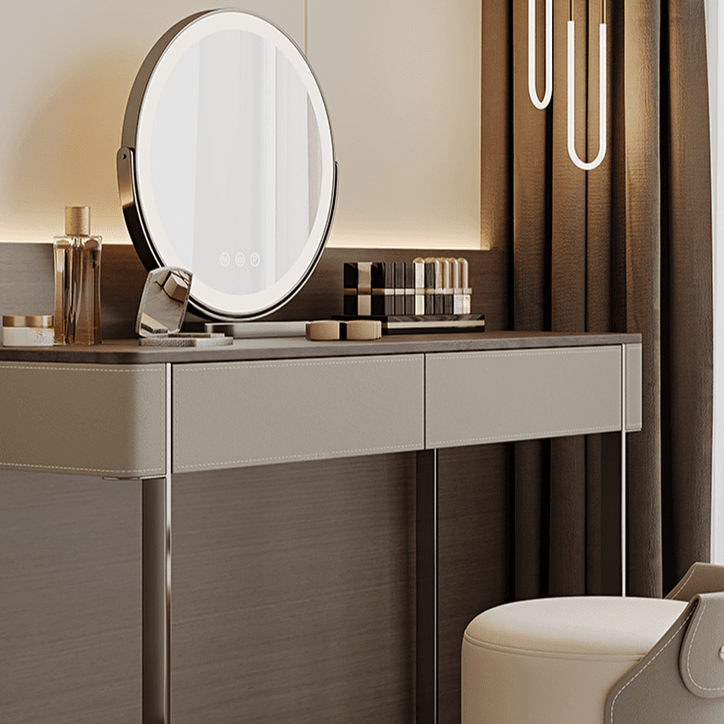 Modish Standard Vanity Set with Timber Table Top, White Chair, 2 Drawers, and Mirror Lights - image 8