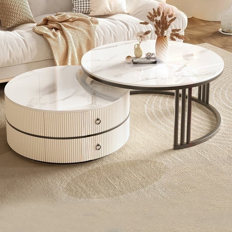 Steel Frame 2-Set Nesting Coffee Tables with Storage Drawers Glam Style Round Tables Standard Size