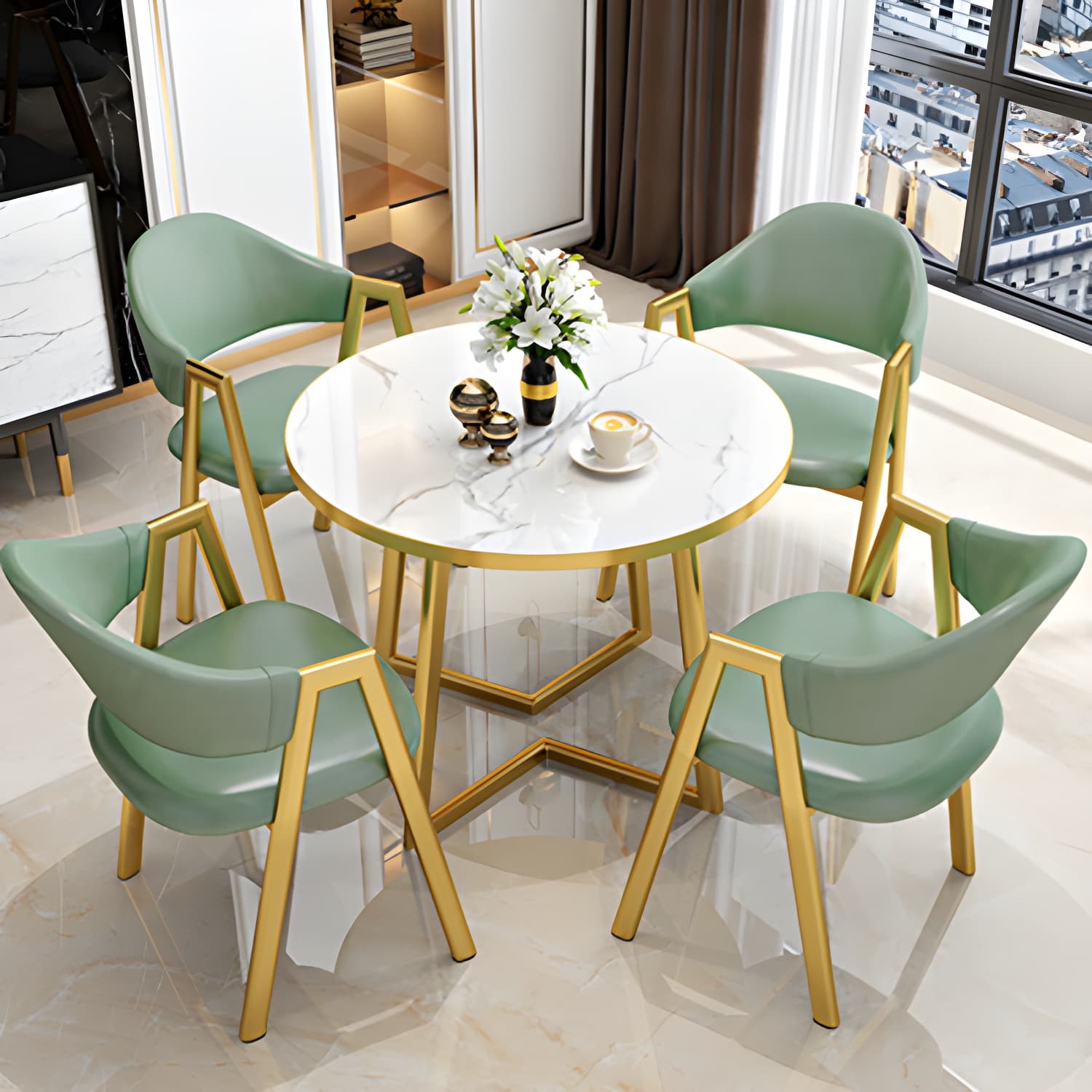 Round Standard Laminated Faux Marble Dining Set with Gold Metallic Legs for Dining Furniture