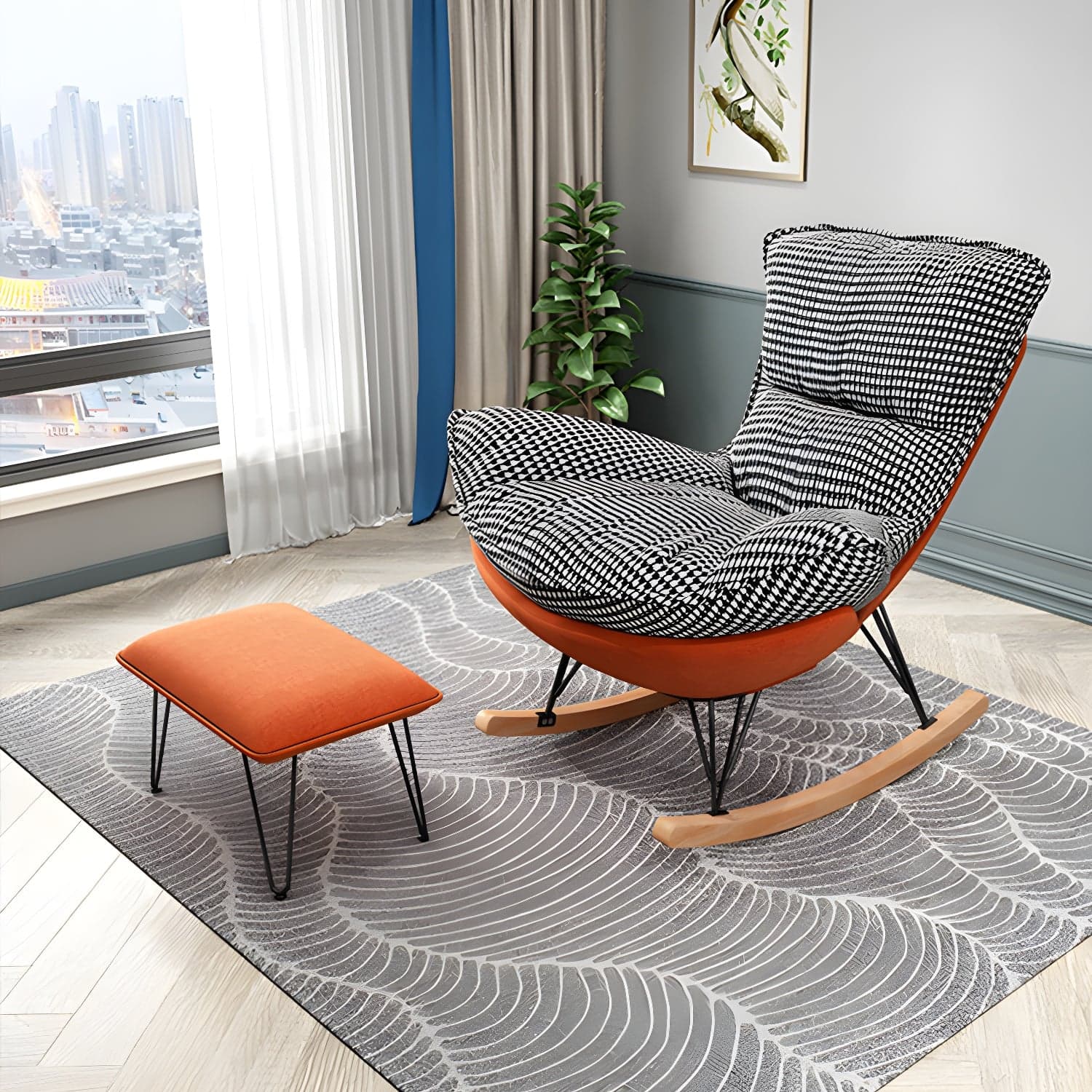 Stylish Modern Indoor Rocking Chair with Ottoman - Upholstered Seat and Natural Wood Legs - image 7