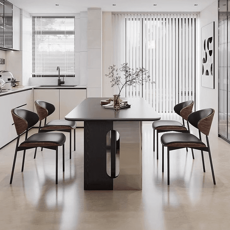Dining Table Set with Slate Top and Two-sided Pedestal, Fixed Table, Padded Chair with Back, 5-piece in Dove Grey