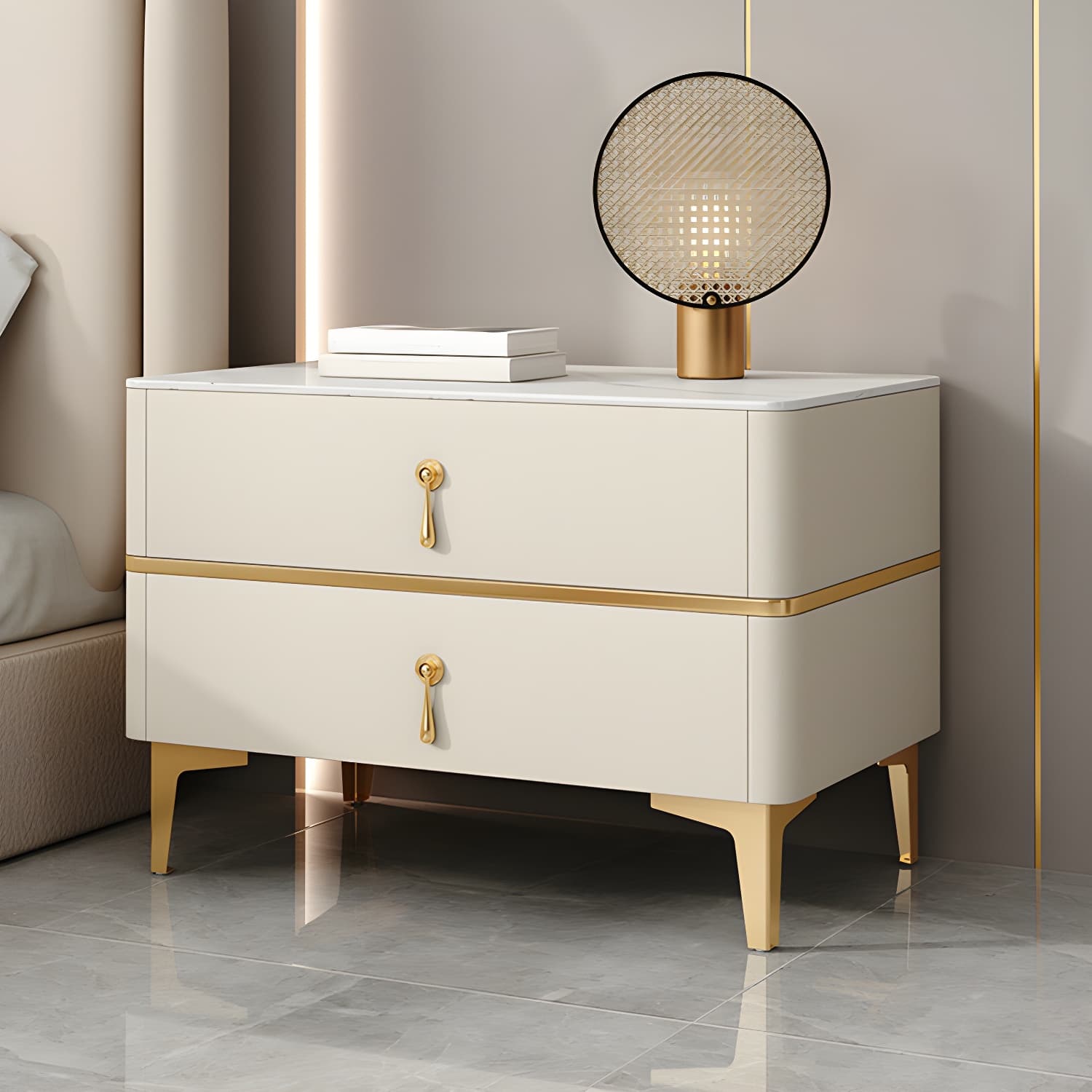 Glam Style Sintered Stone Top 2- Drawer Nightstand with Legs for Bedroom - image 7
