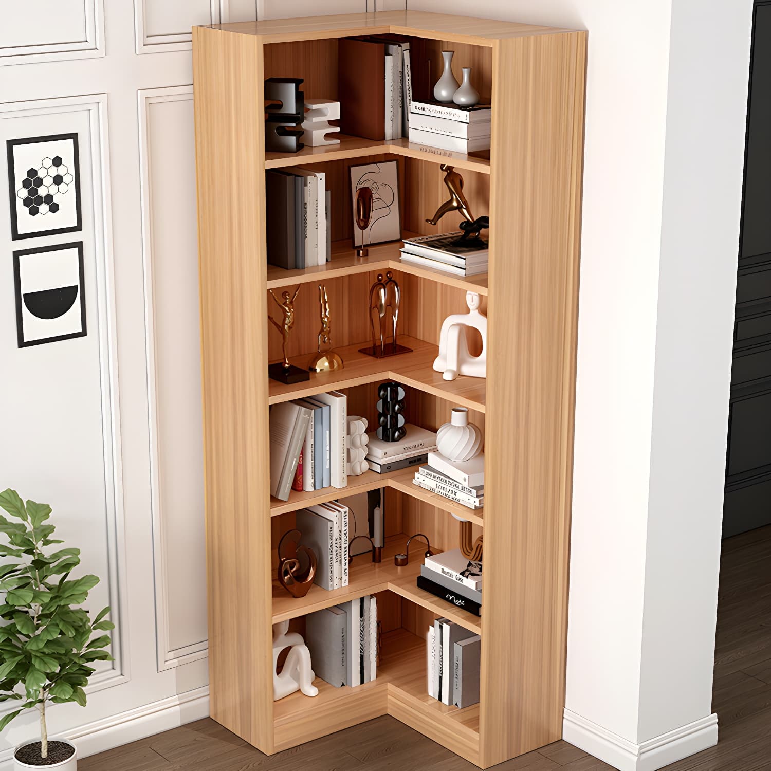 Corner Modern Accent Chest with Wood Counter Top and 6 Open Shelves without Drawers - image 14
