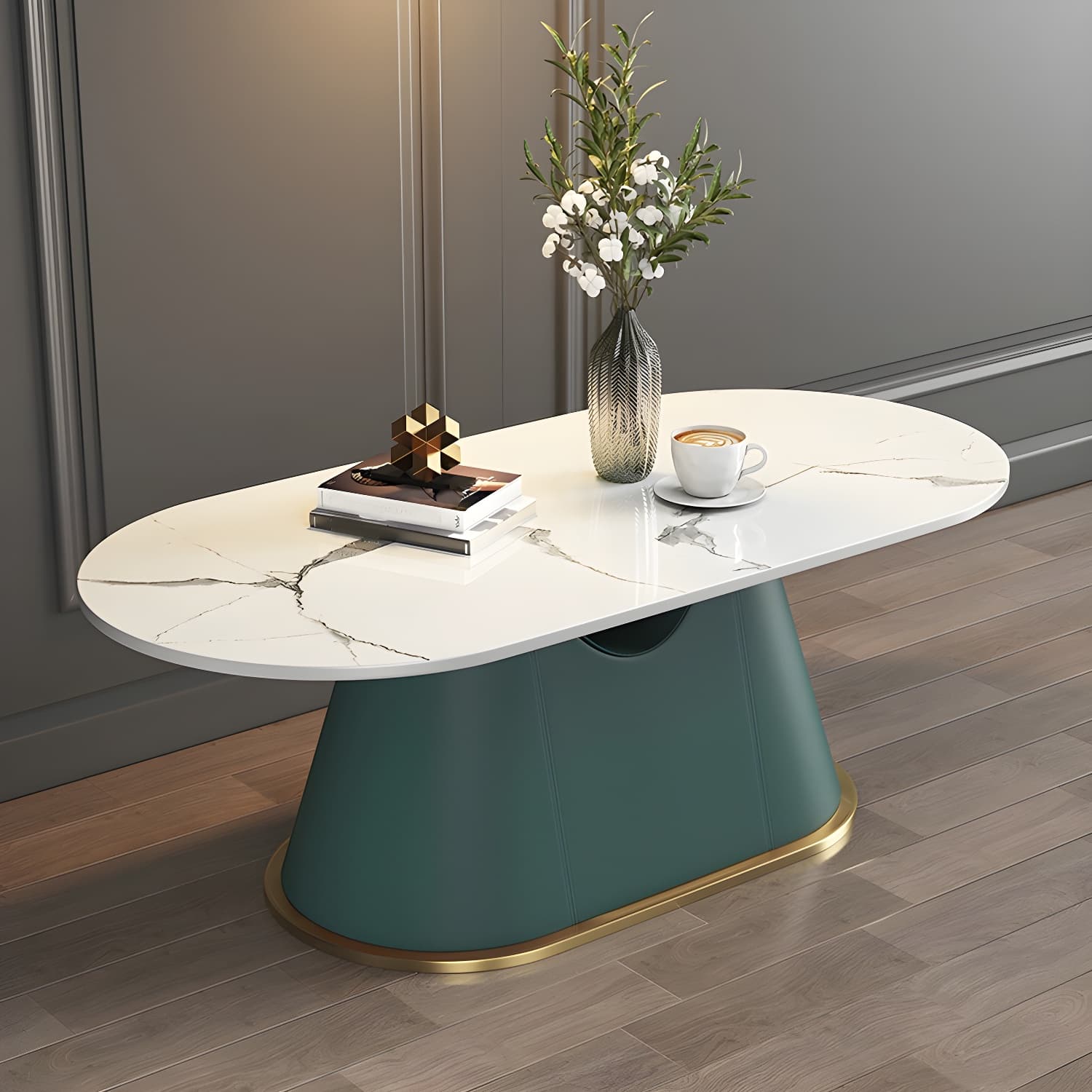 Glam Oval Stone Coffee Table with Pedestal Chrome Base - Scratch Resistant - image 5