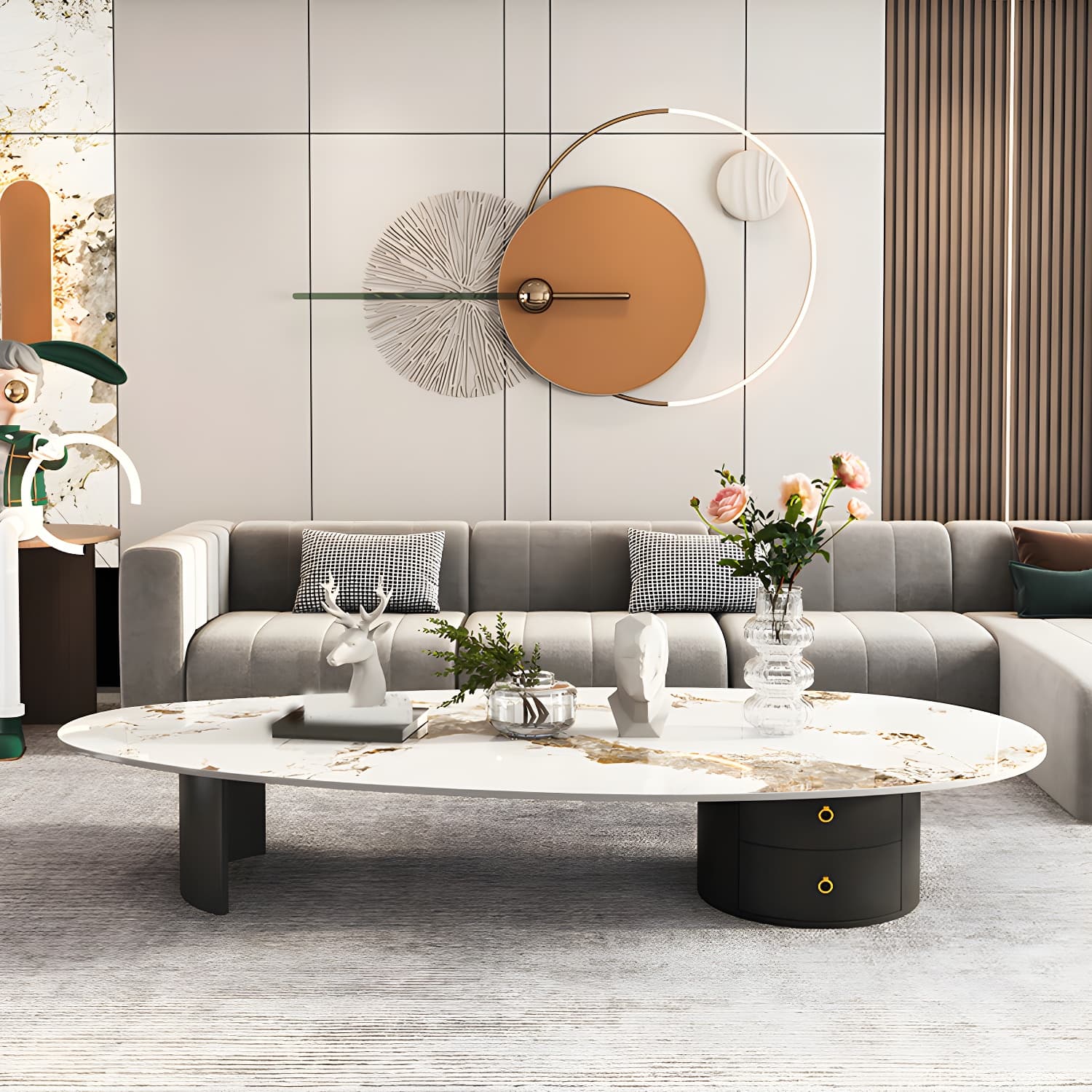 2 Legs Single Coffee Table Slate Oval Coffee Table with Storage - image 4