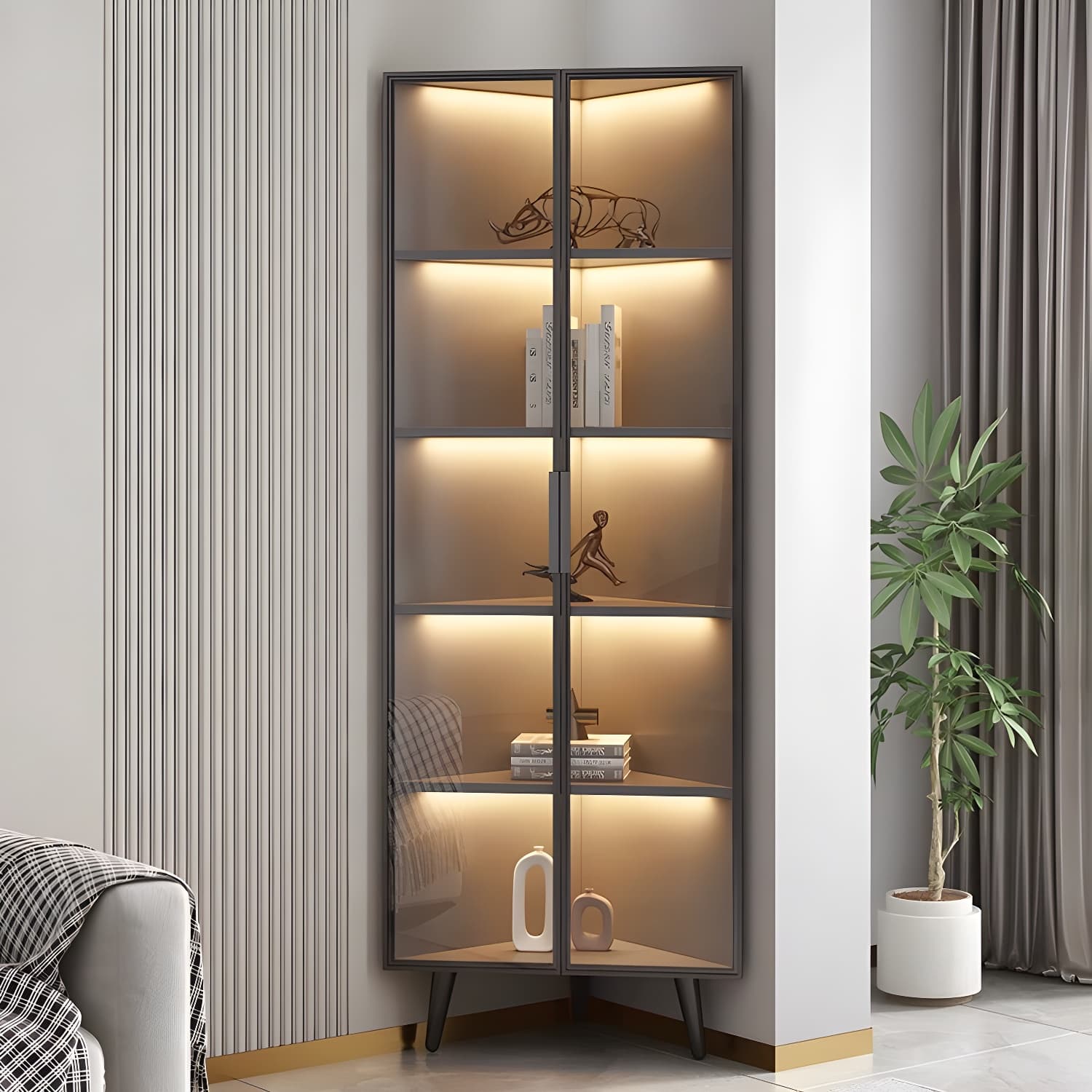 Modern Corner Accent Cabinet with Glass Doors and Metal Base without Light