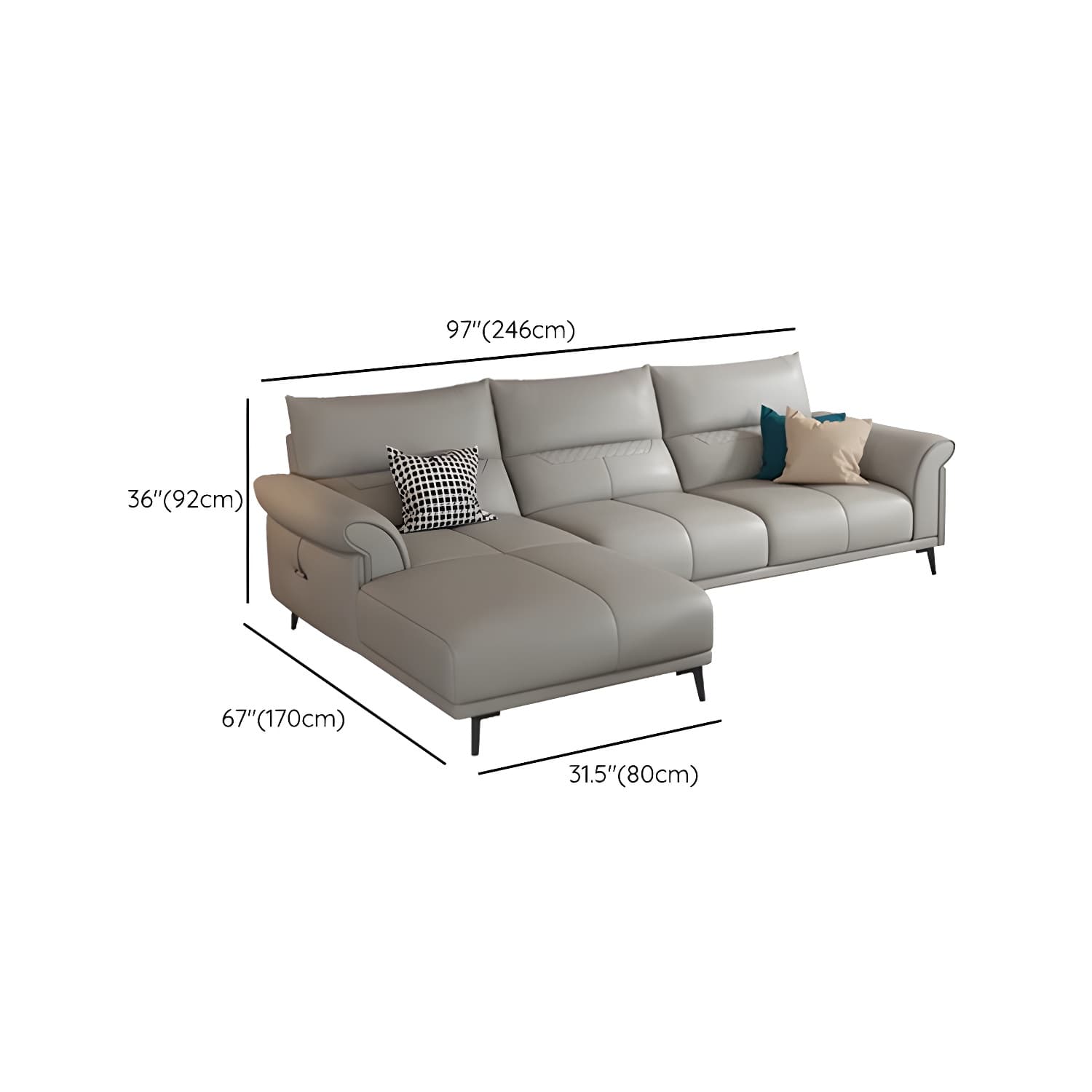 Modern Gray Genuine Leather Stationary Sectional Sofa with Flared Arms - image 15