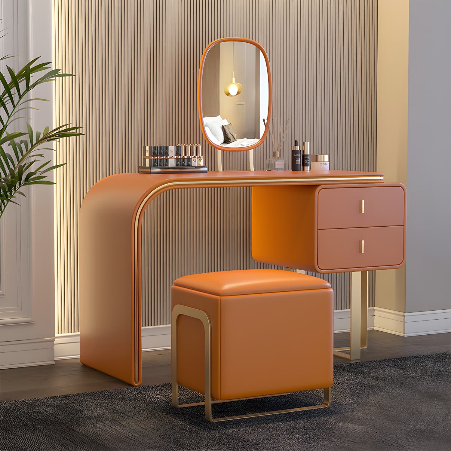 Glam Vanity Set With Drawer Leather Mirror Bedroom Make-up Vanity - image 13