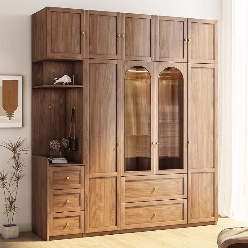 Minimalist Timber Sepia Cabinet Armoire with Interior Shelves & Clothing Rack & Soft Close Drawer & Soft Close Door