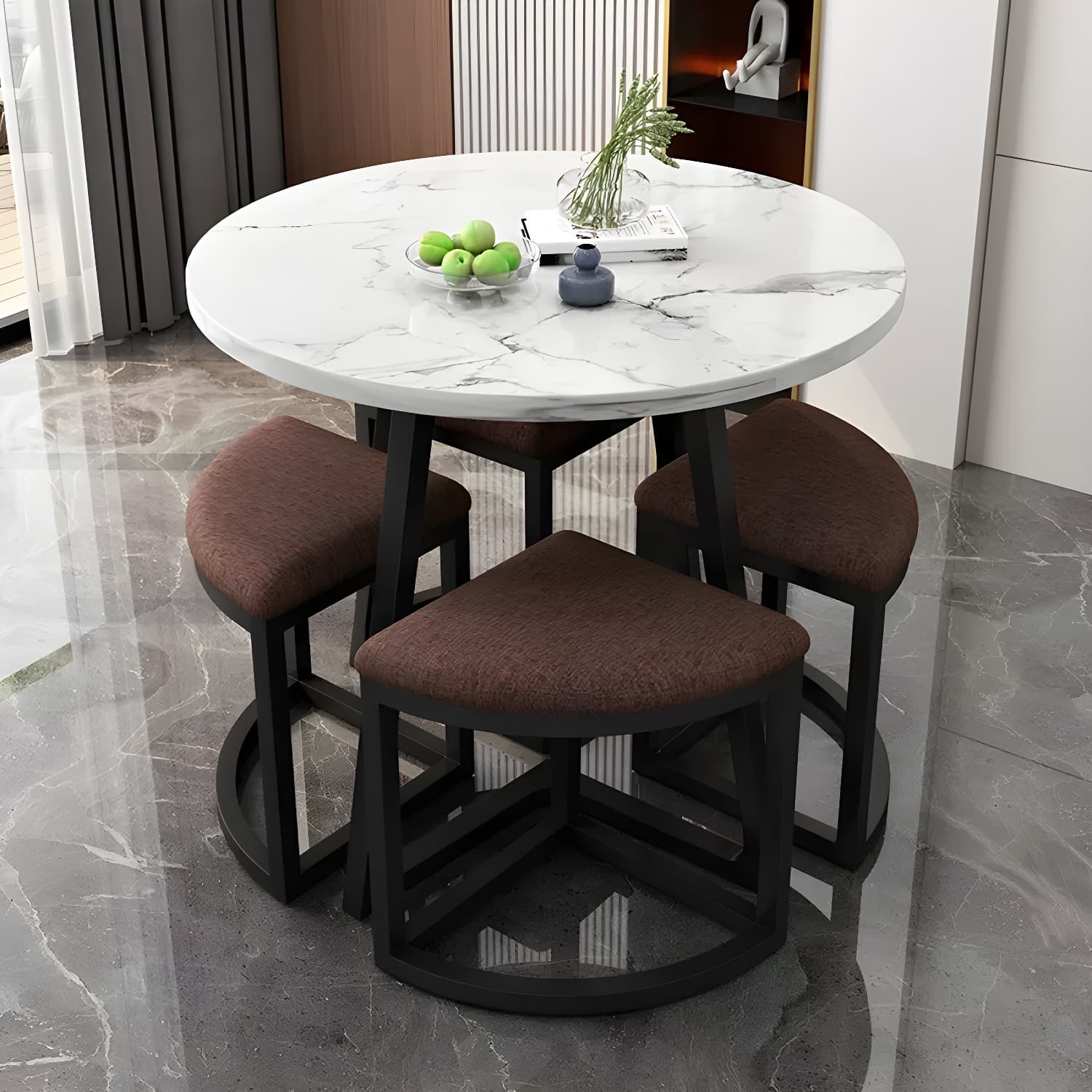 Round White Wood Tone Modern Dining Set with Metal Pedestal Base - Seats 4