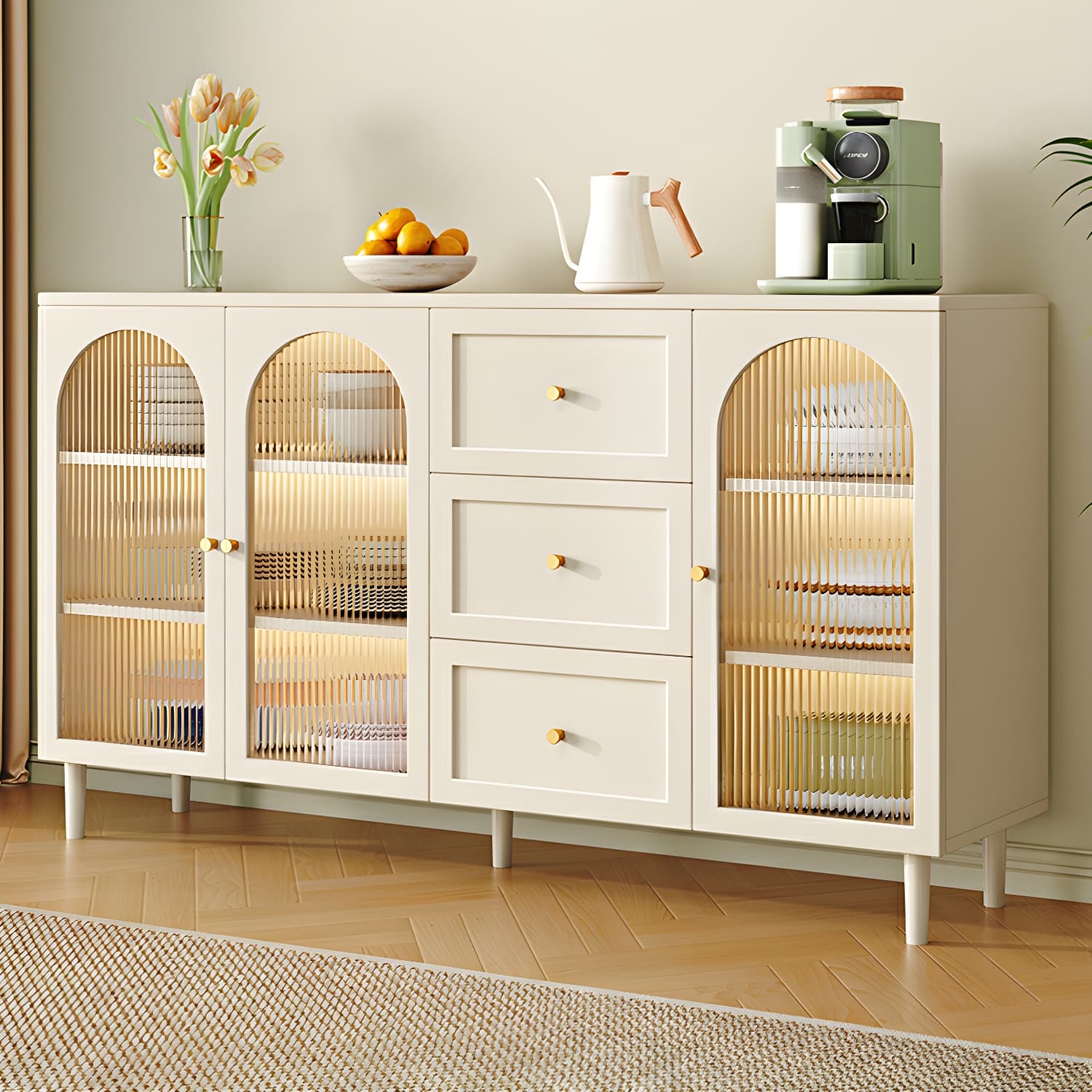 Modern White Engineered Wood Shelves Included Sideboard with Cabinets and Doors - image 3
