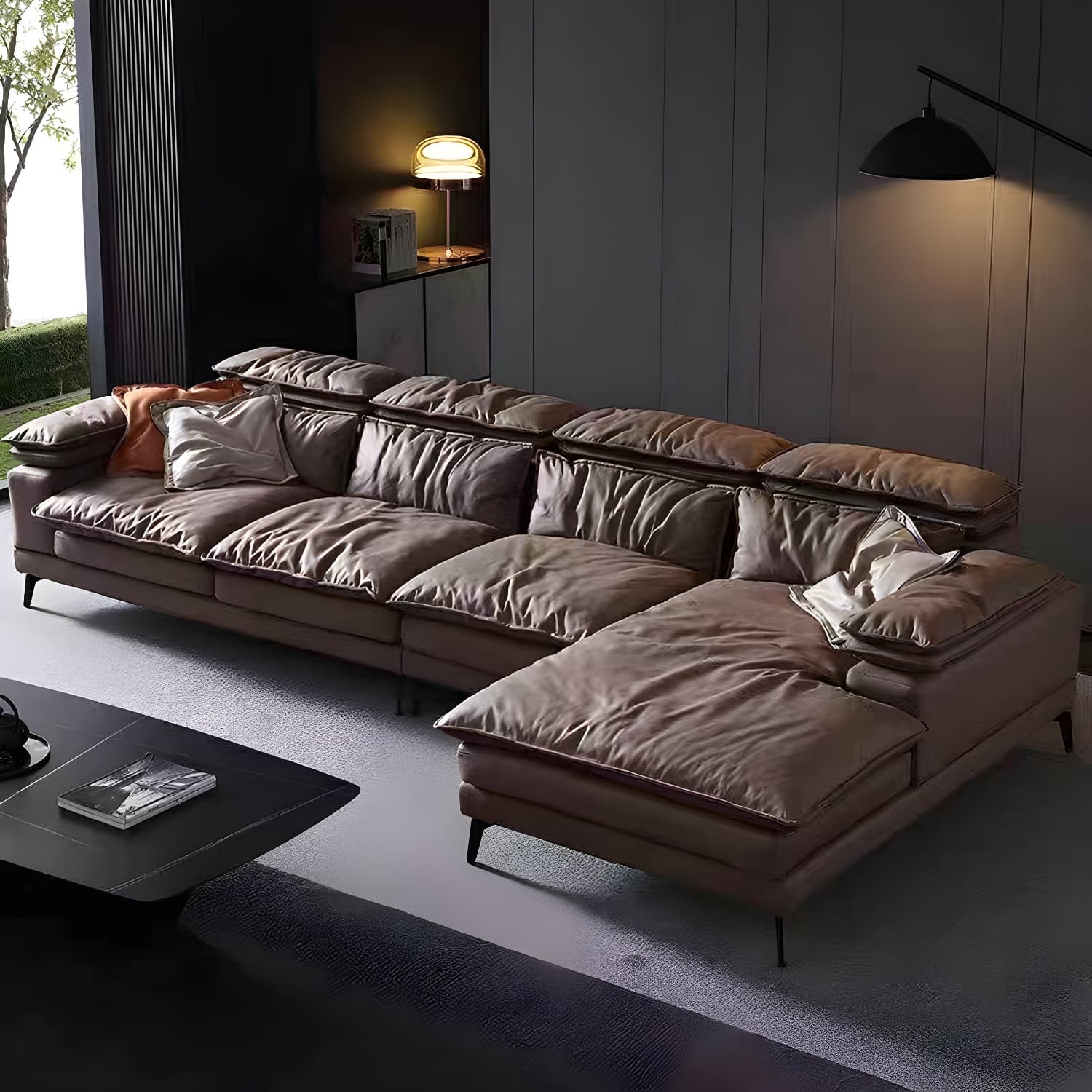 Mid-Century Modern Brown Tech Cloth Sectional Sofa with Wood Frame and Pillow Top Arms - image 3