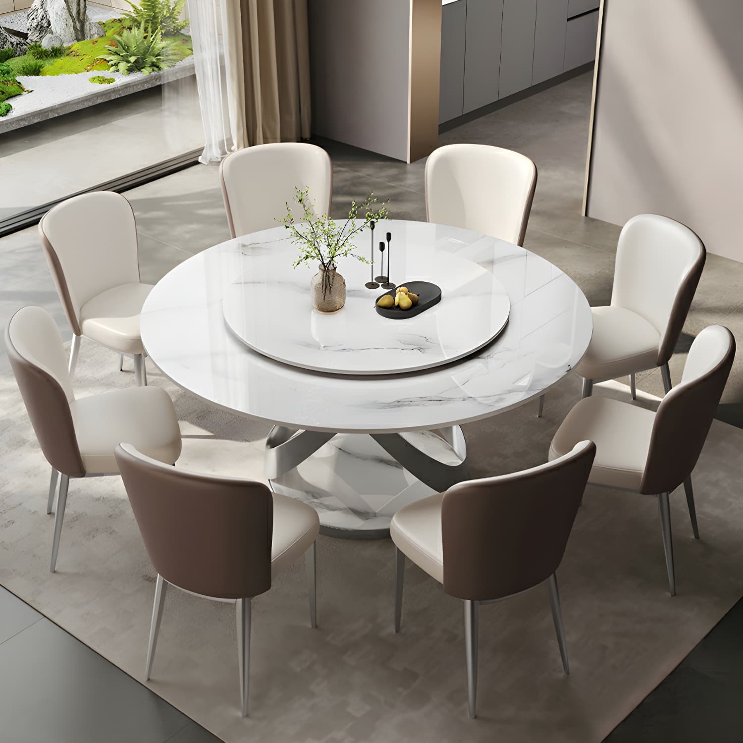 Stunning White Stone Round Dining Table with Lazy Susan and Silver Steel Pedestal Base - image 10