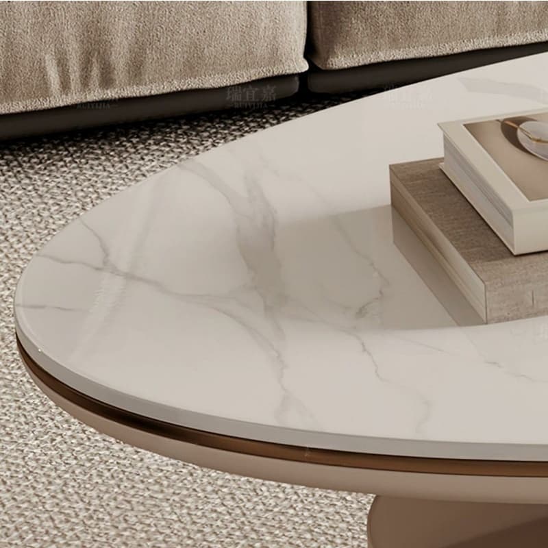 Luxurious Oval Stone Cocktail Table in White with Storage Drawer - image 11