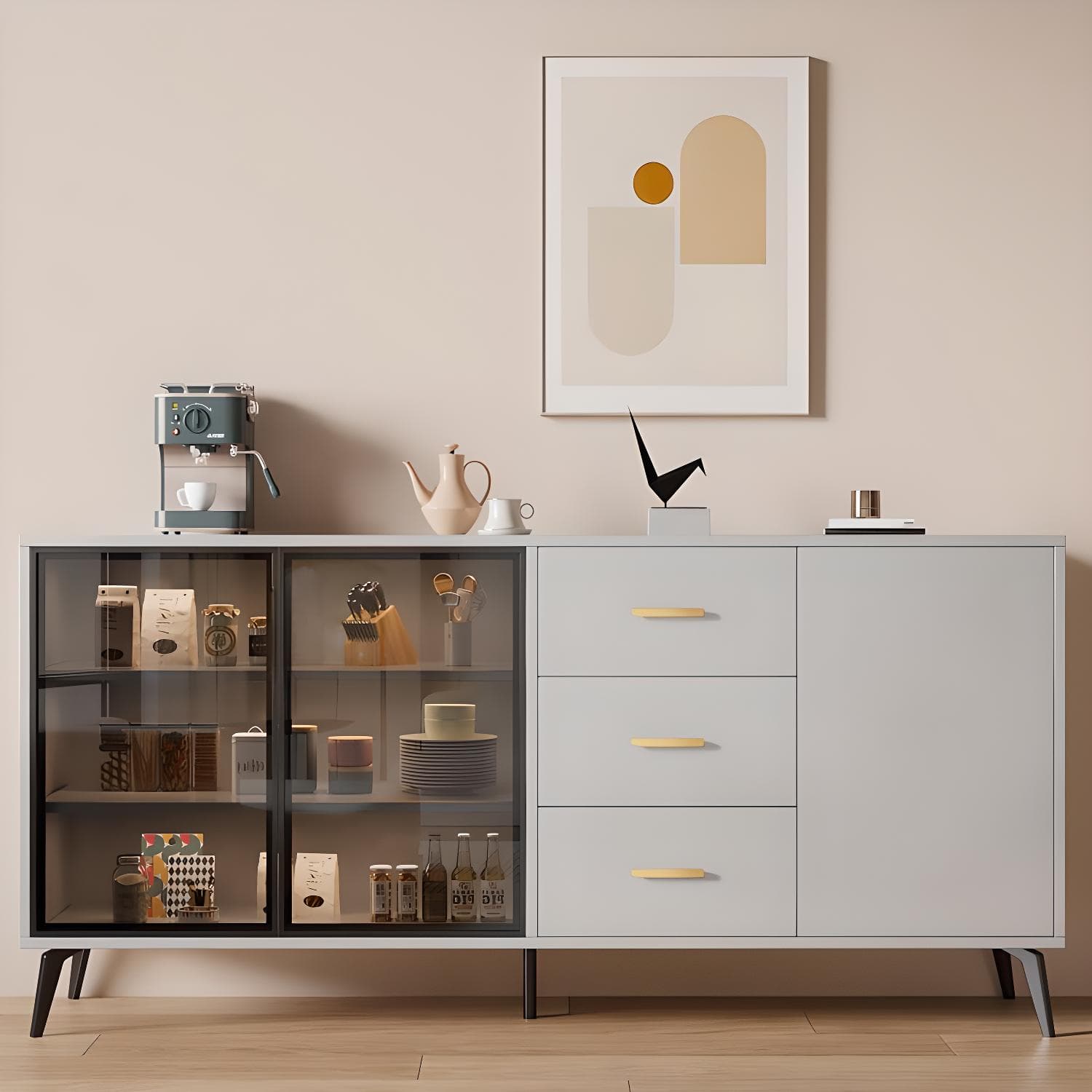 Glass Door Modern Wooden Kitchen Sideboard with Adjustable Shelving - image 4