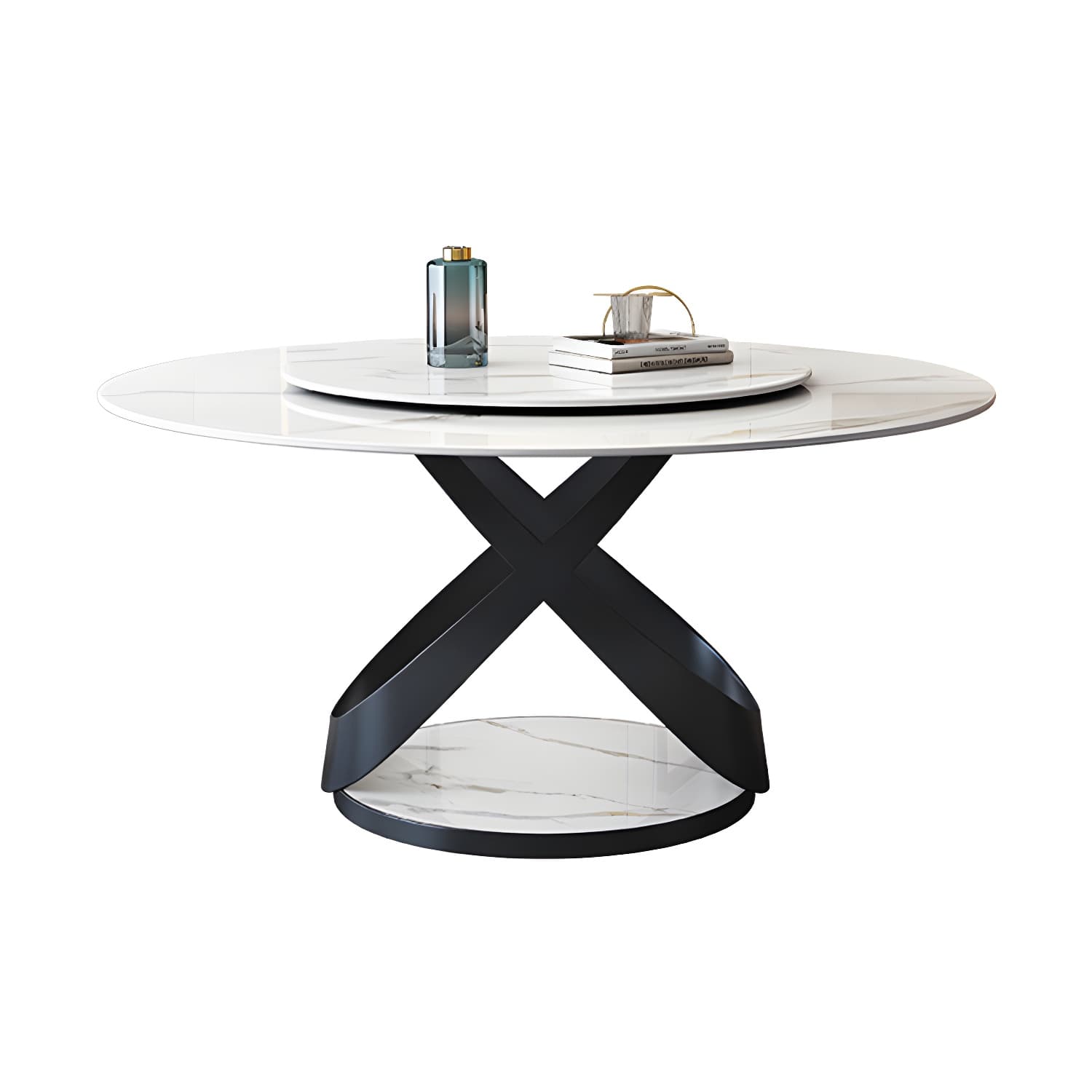Modern Round Stone Top Lazy Susan Dining Table with Black Steel Pedestal - image 8