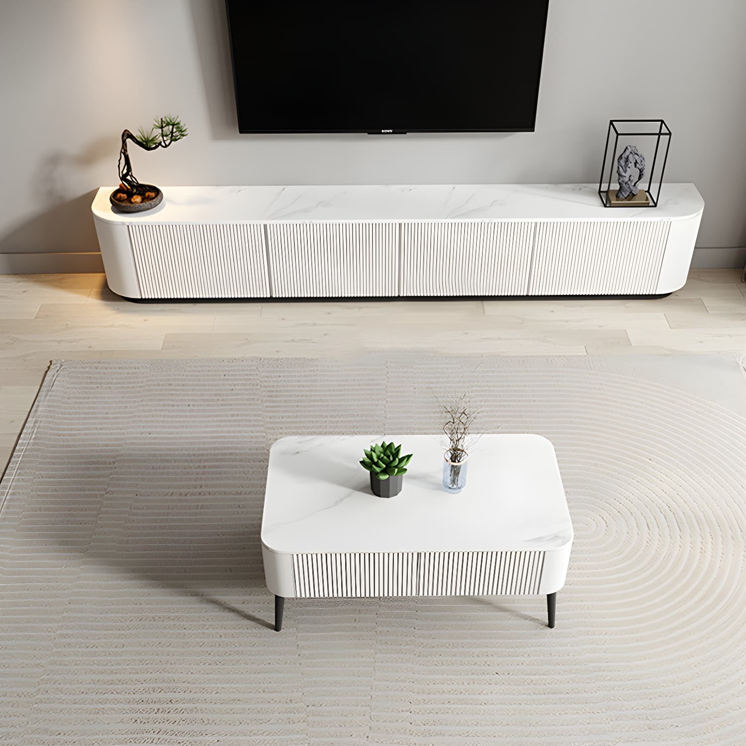 Modern White TV Media Stand 16" W Enclosed Storage Stone TV Stand with Drawers - image 4