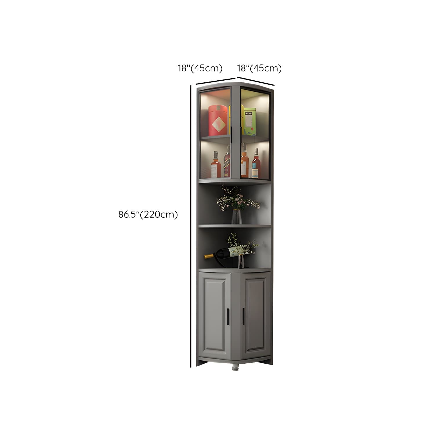 Modern Grey Corner Accent Cabinet with Glass Doors and 8 Interior Shelves - image 25