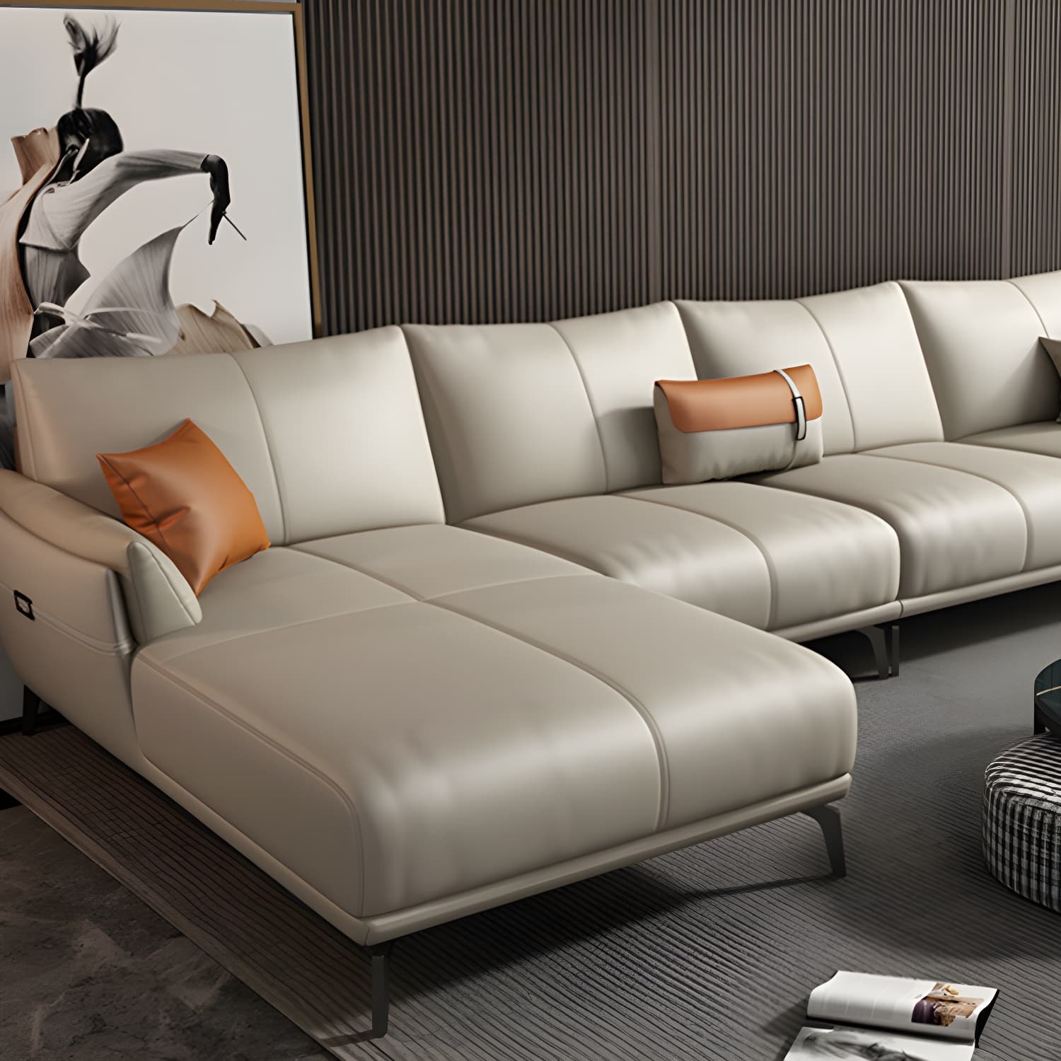 Modern Genuine Leather Sectional Sofa with Wood Frame and Stationary Design - image 4