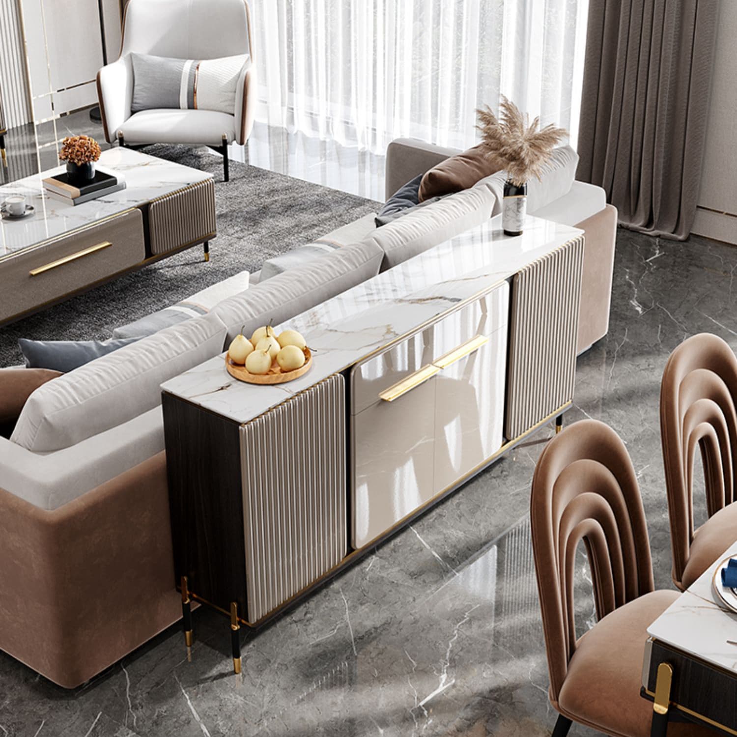 Stone Buffet Sideboard Glam Adjustable Shelves Buffet Credenza with Drawers and Cabinets - image 4