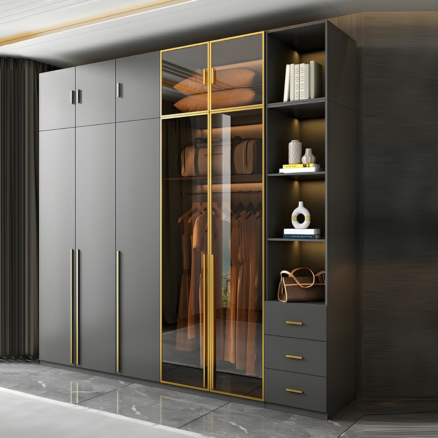 Modern Black Wood Wardrobe Armoire with Soft-Close Drawers & Clothing Rod