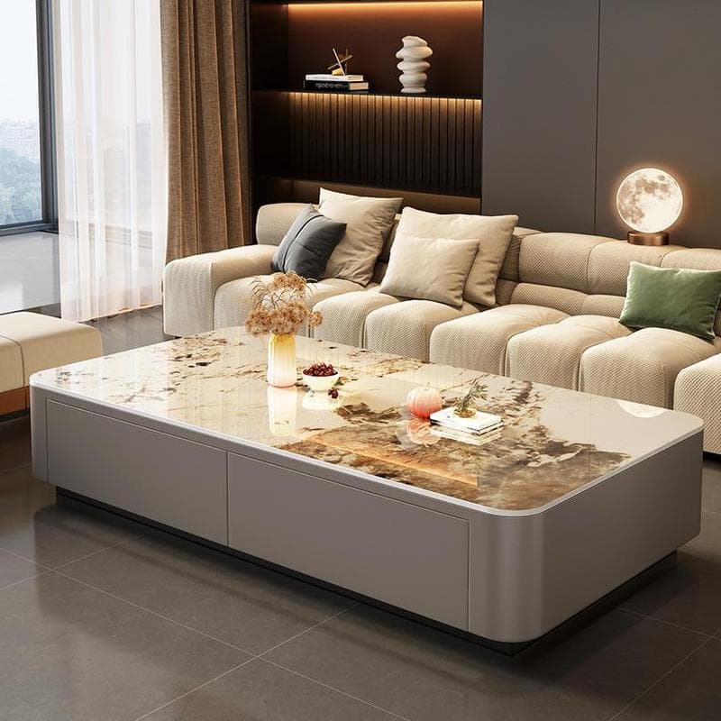 Modern Style Stone Top Steel Base Block Coffee Table with 4 Drawers Rectangular Shape - image 4