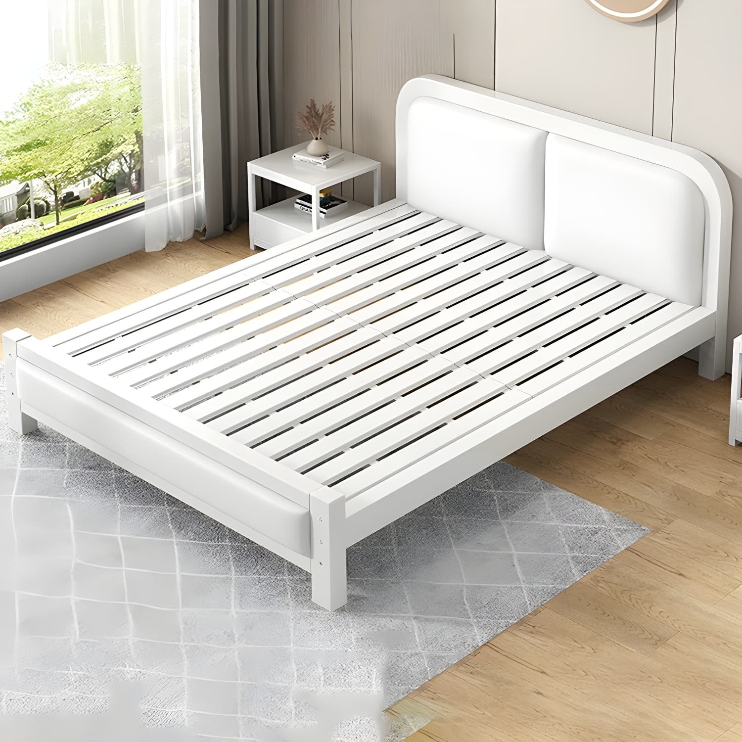 Modern Metal Panel Bed in White/Midnight Black with Easy Assembly
